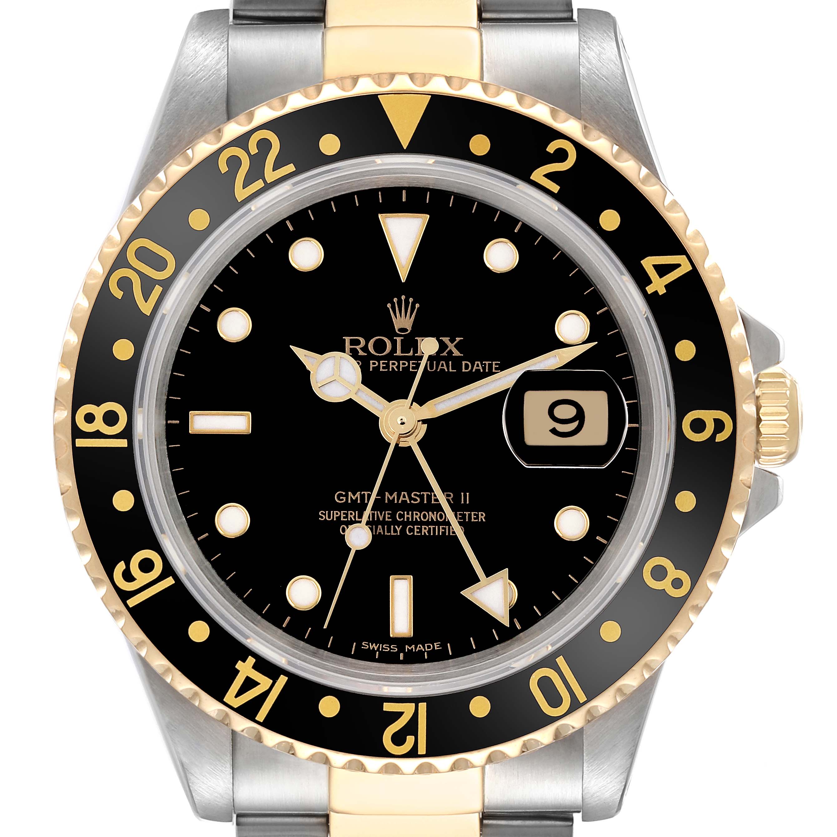 The Rolex GMT-Master 16713 Men's Steel and Gold (two tone) Black Dial 16713 Men's Steel and Gold (two tone) Black Dial watch is shown from the front, displaying its dial, bezel, and part of the bracelet.