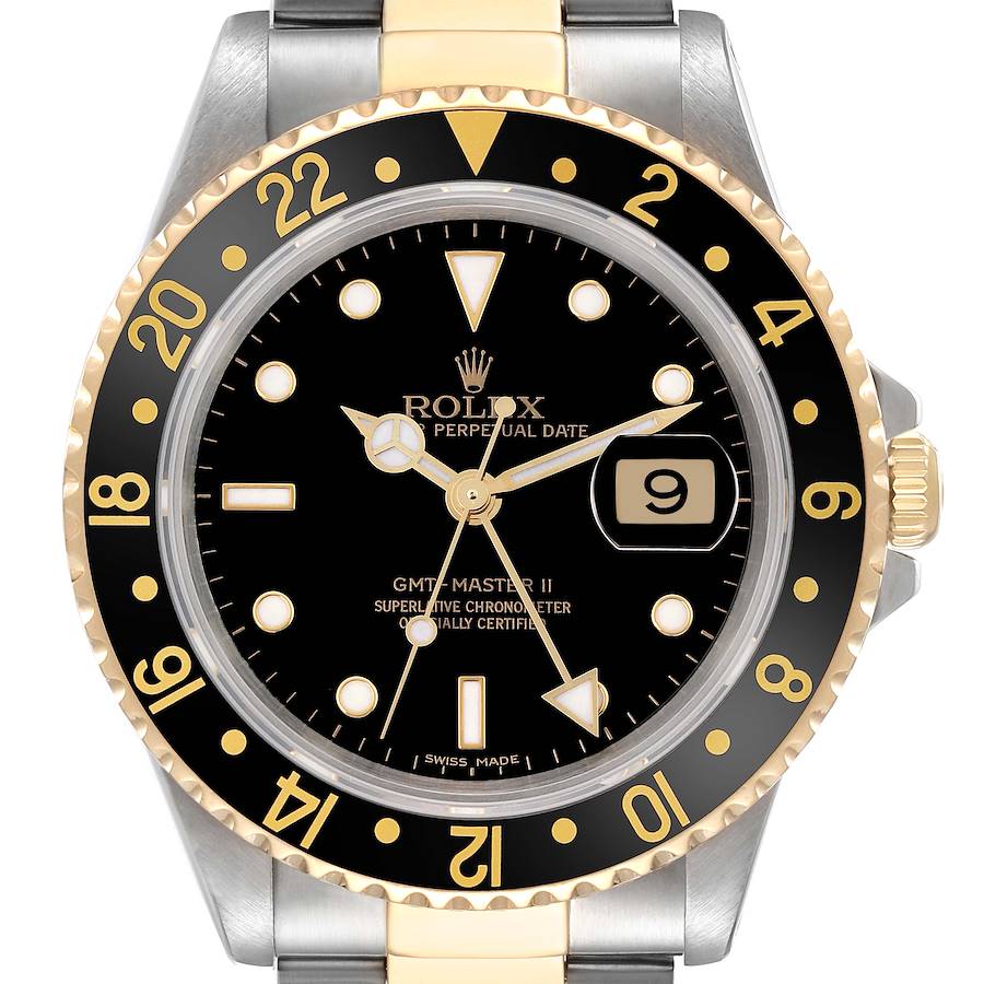 The Rolex GMT-Master watch is shown from the front, displaying its dial, bezel, and part of the bracelet.