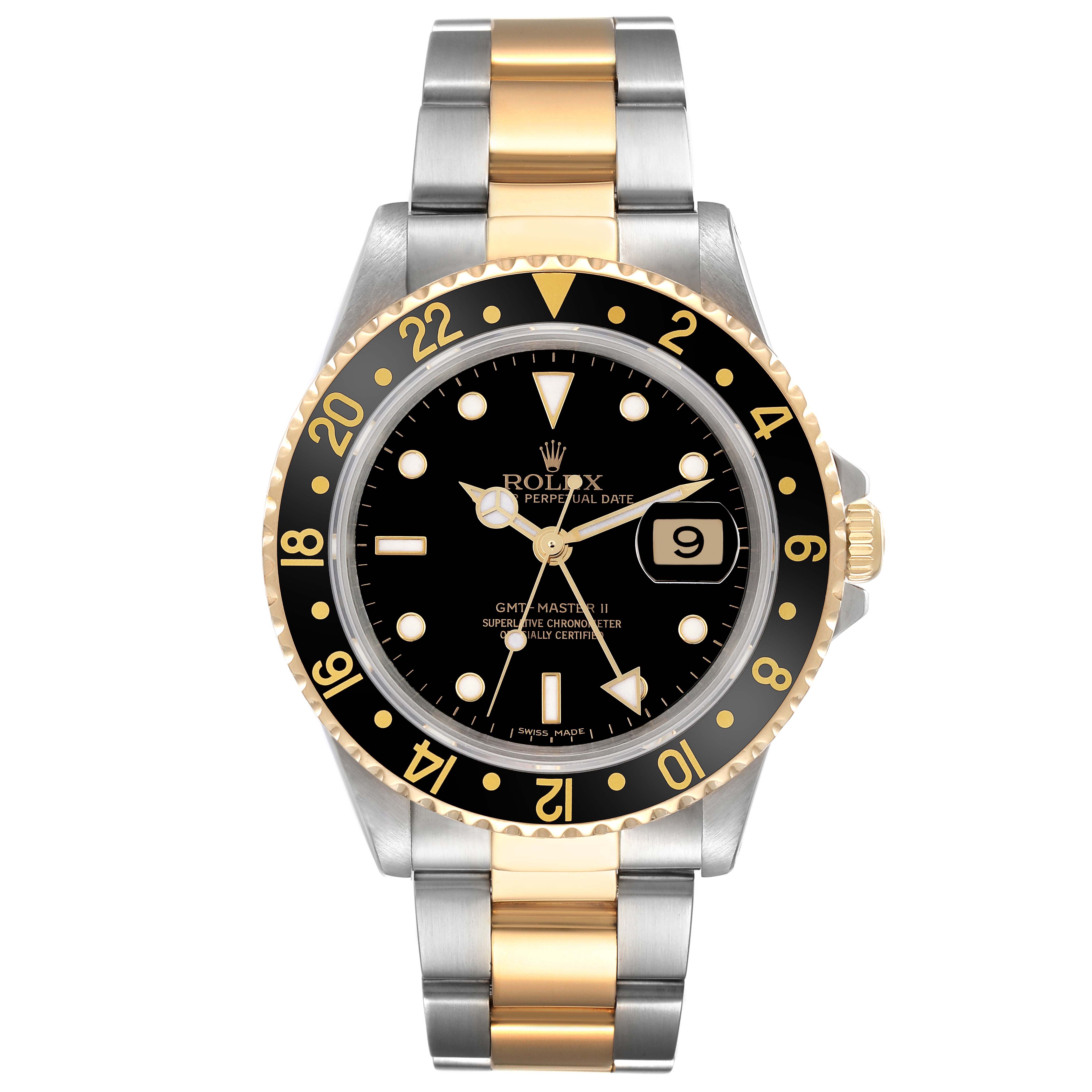 The Rolex GMT-Master 16713 Men's Steel and Gold (two tone) Black Dial 16713 Men's Steel and Gold (two tone) Black Dial watch is shown from a front angle, displaying its dial, bezel, and two-tone bracelet.