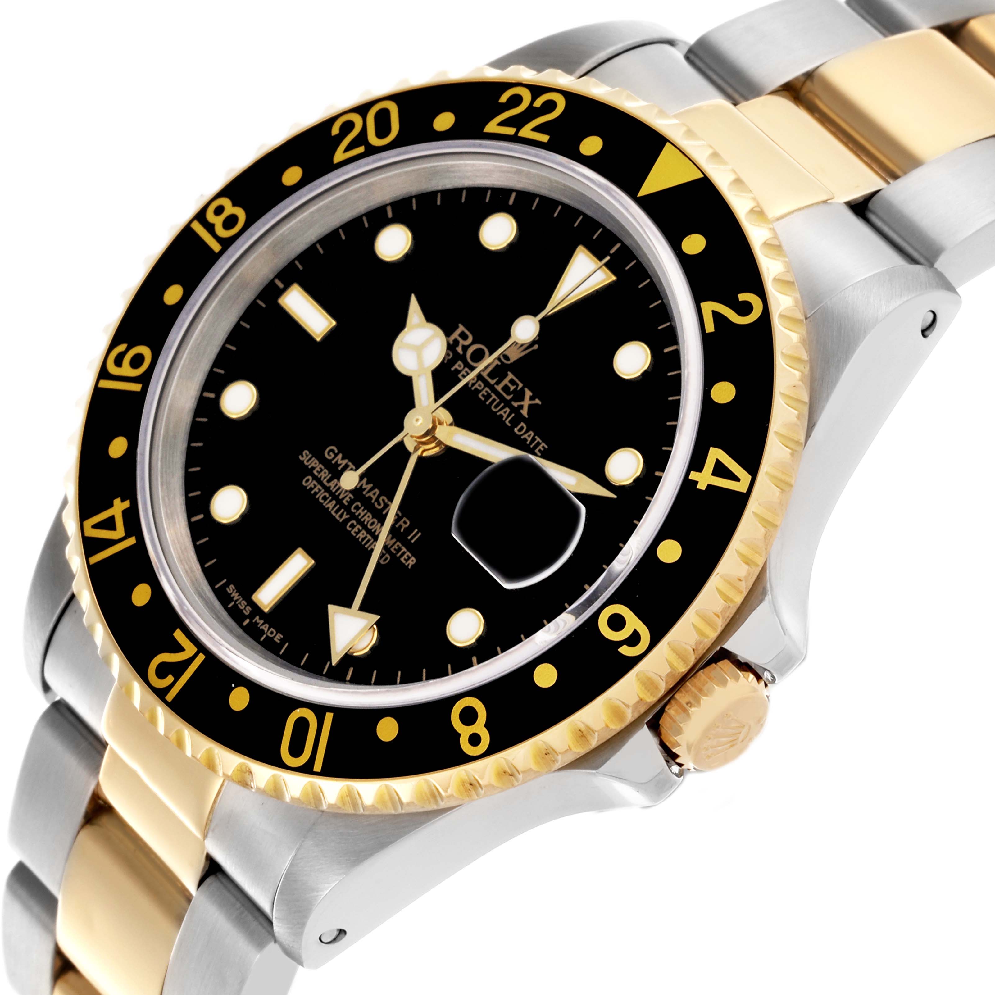 The Rolex GMT-Master 16713 Men's Steel and Gold (two tone) Black Dial 16713 Men's Steel and Gold (two tone) Black Dial watch is shown at a slight angle, displaying the face, bezel, crown, and part of the bracelet.