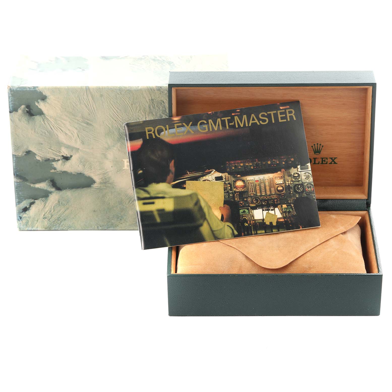 The image shows a Rolex GMT-Master 16713 Men's Steel and Gold (two tone) Black Dial 16713 Men's Steel and Gold (two tone) Black Dial watch box with its cover and a user manual.