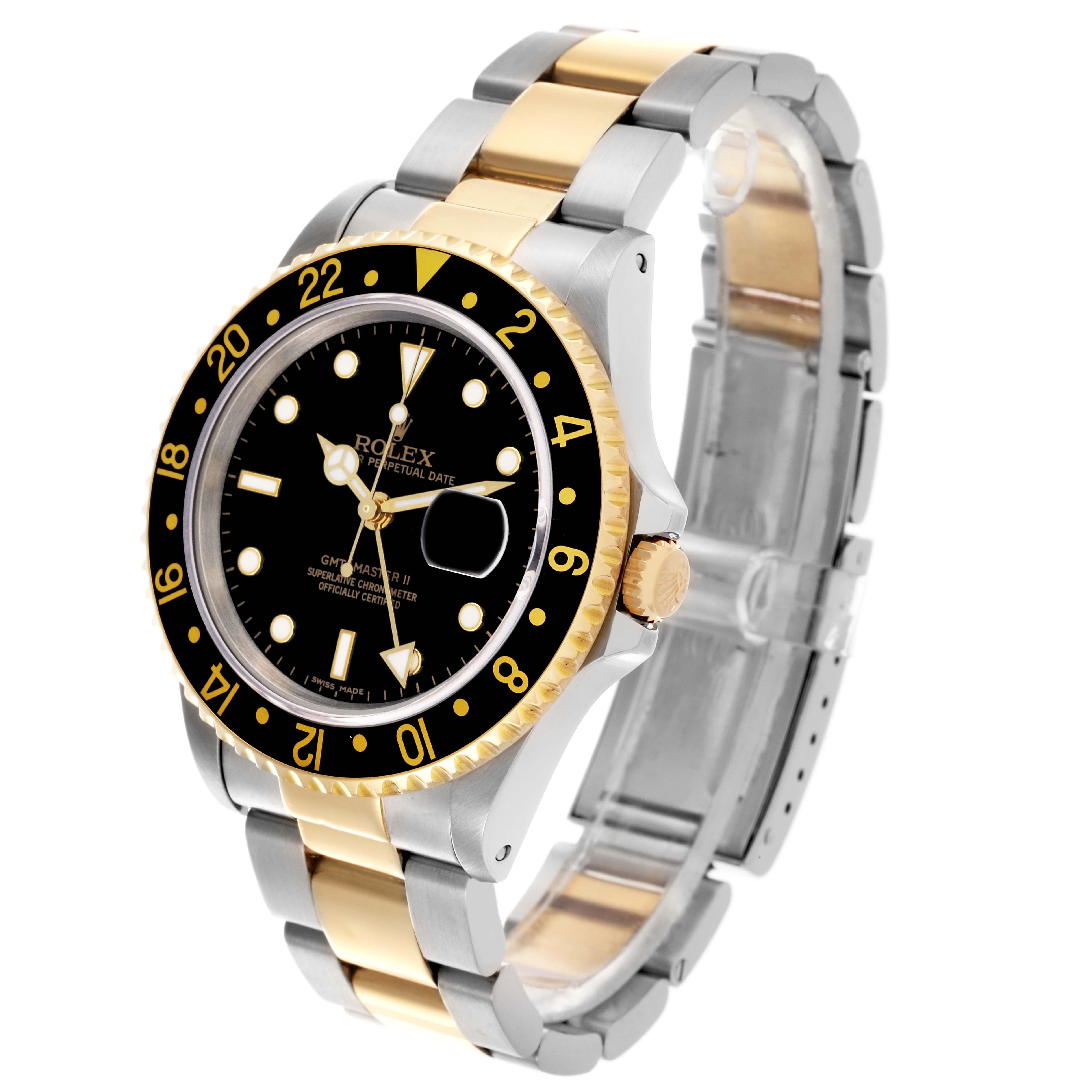 The Rolex GMT-Master 16713 Men's Steel and Gold (two tone) Black Dial 16713 Men's Steel and Gold (two tone) Black Dial watch is shown at a slight angle, displaying the face, bezel, and part of the bracelet.
