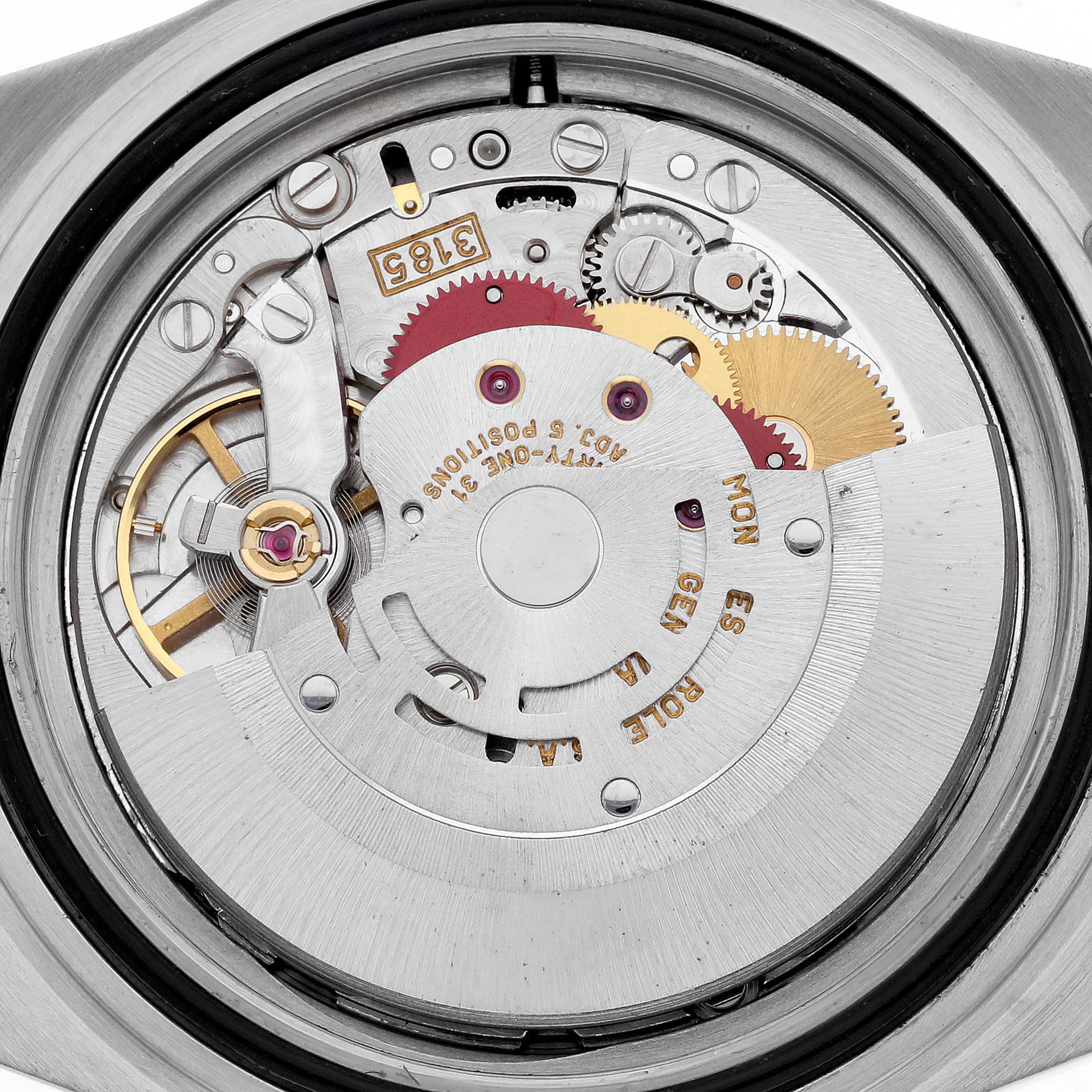 The image shows the movement mechanism of a Rolex GMT-Master 16713 Men's Steel and Gold (two tone) Black Dial 16713 Men's Steel and Gold (two tone) Black Dial, including gears and the rotor, seen from the back.