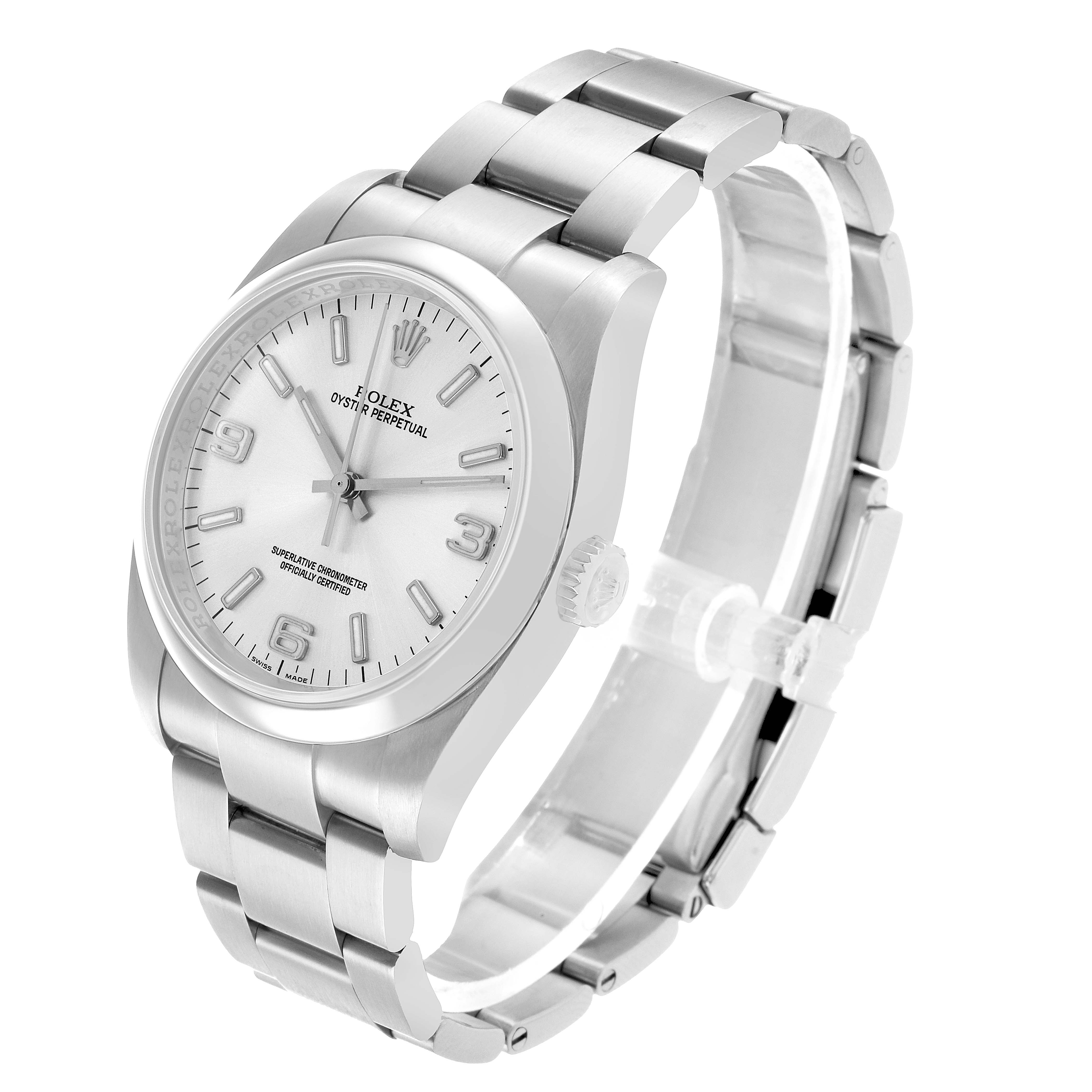 The Rolex Oyster Perpetual 116000 Men's Stainless Steel Silver Dial watch is shown at a slight angle, displaying its white dial, bezel, casing, and part of the bracelet.