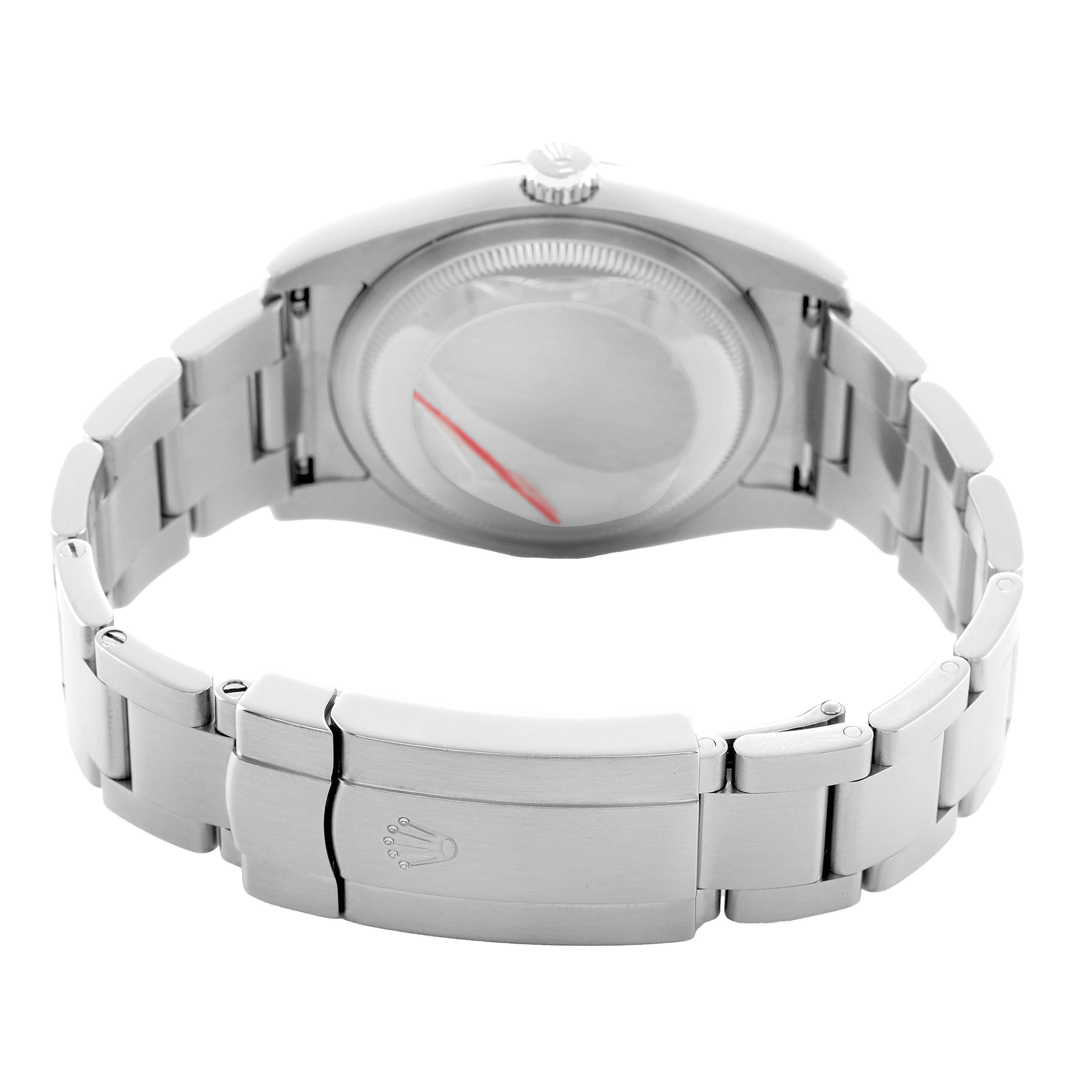 The image shows the back of the Rolex Oyster Perpetual 116000 Men's Stainless Steel Silver Dial watch, highlighting the closed clasp and bracelet.