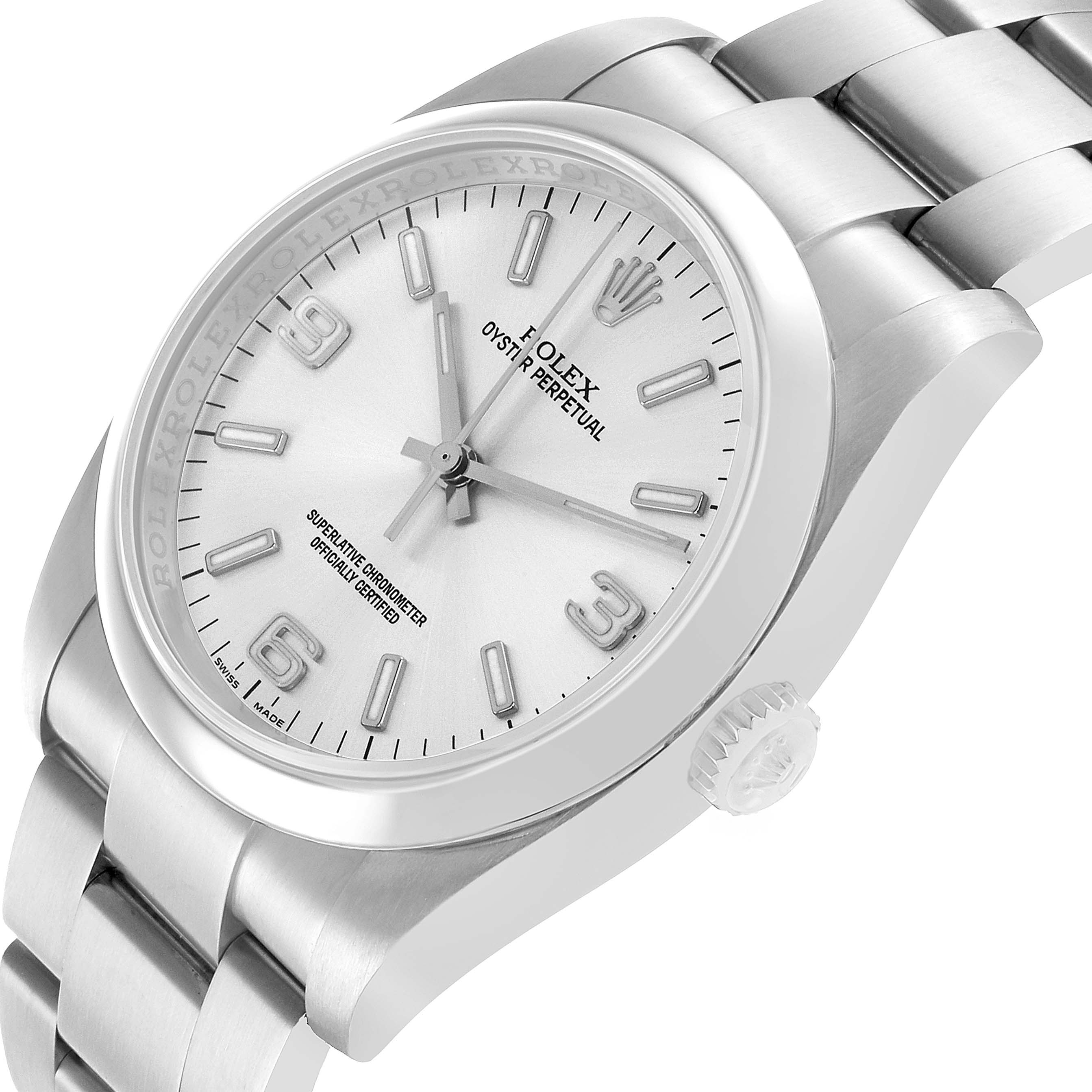 The Rolex Oyster Perpetual 116000 Men's Stainless Steel Silver Dial watch is shown at an angled side view, highlighting the face, bezel, crown, and part of the bracelet.