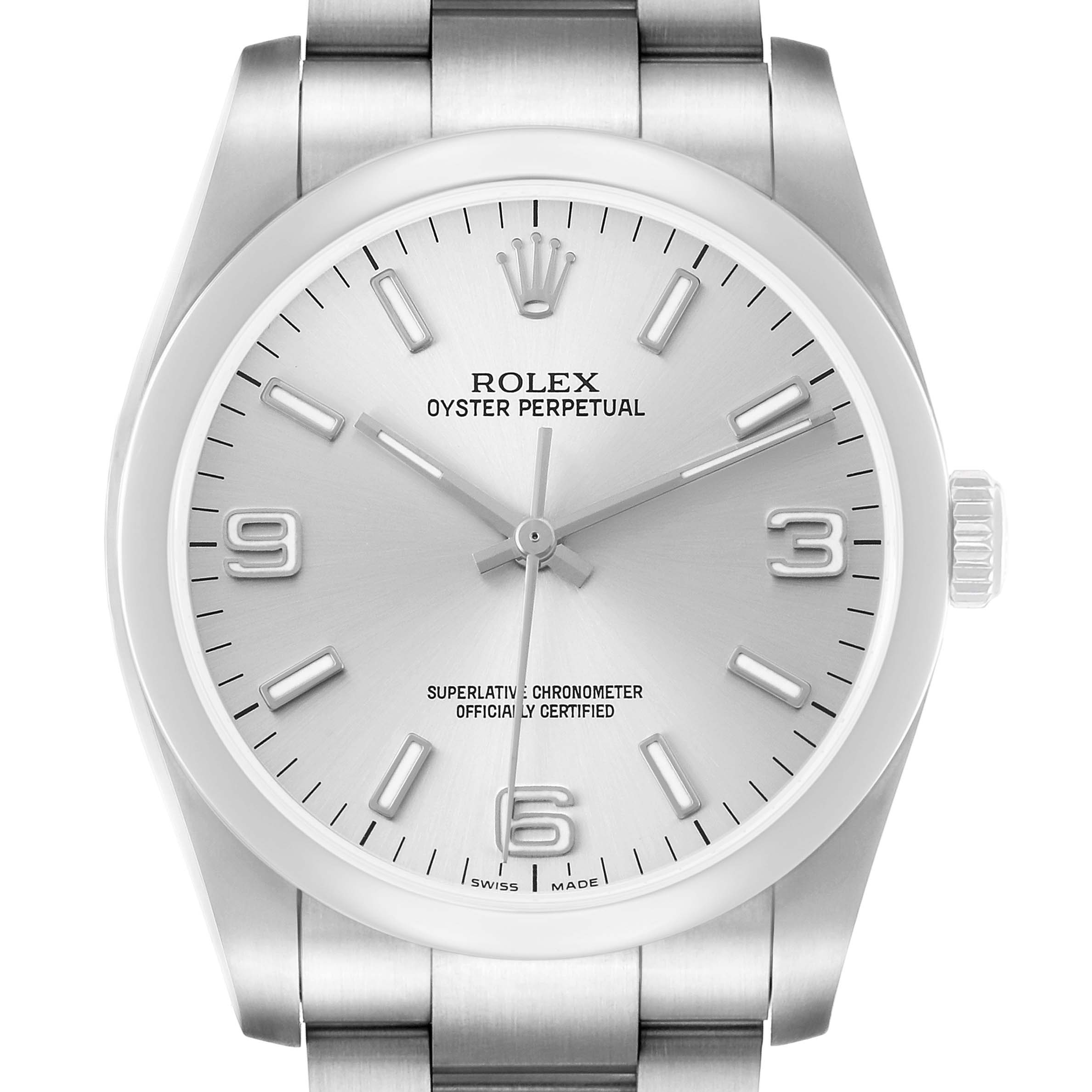 The Rolex Oyster Perpetual 116000 Men's Stainless Steel Silver Dial watch is shown from a front angle, highlighting the dial, bezel, and bracelet links.
