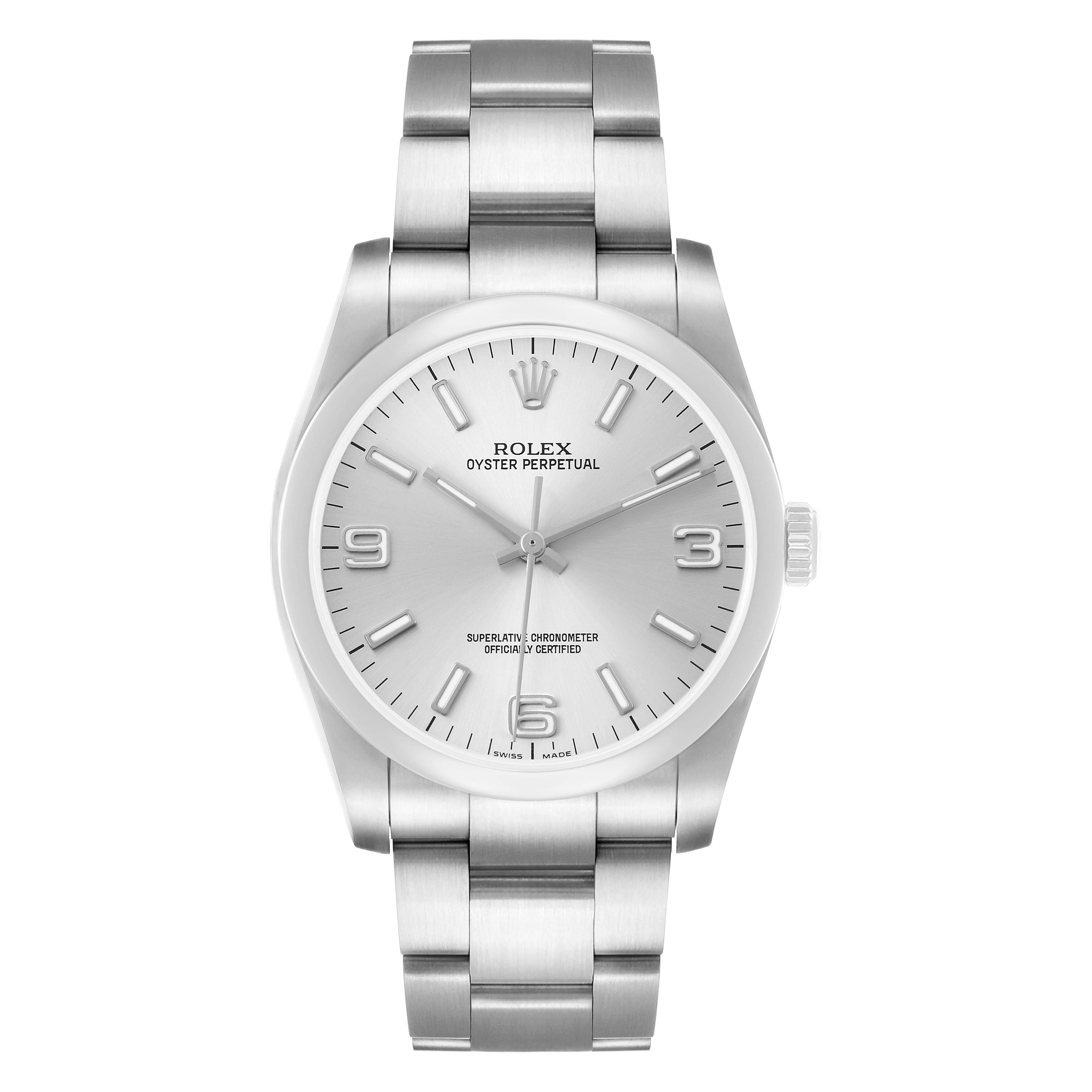 The Rolex Oyster Perpetual 116000 Men's Stainless Steel Silver Dial watch is shown from a front view, displaying the face, bezel, case, bracelet, and crown.