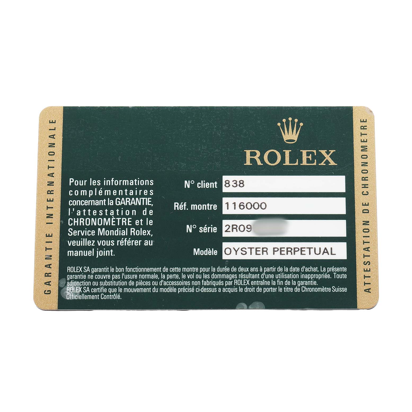 The image shows an authentication card for the Rolex Oyster Perpetual 116000 Men's Stainless Steel Silver Dial watch model, displaying reference and serial numbers.