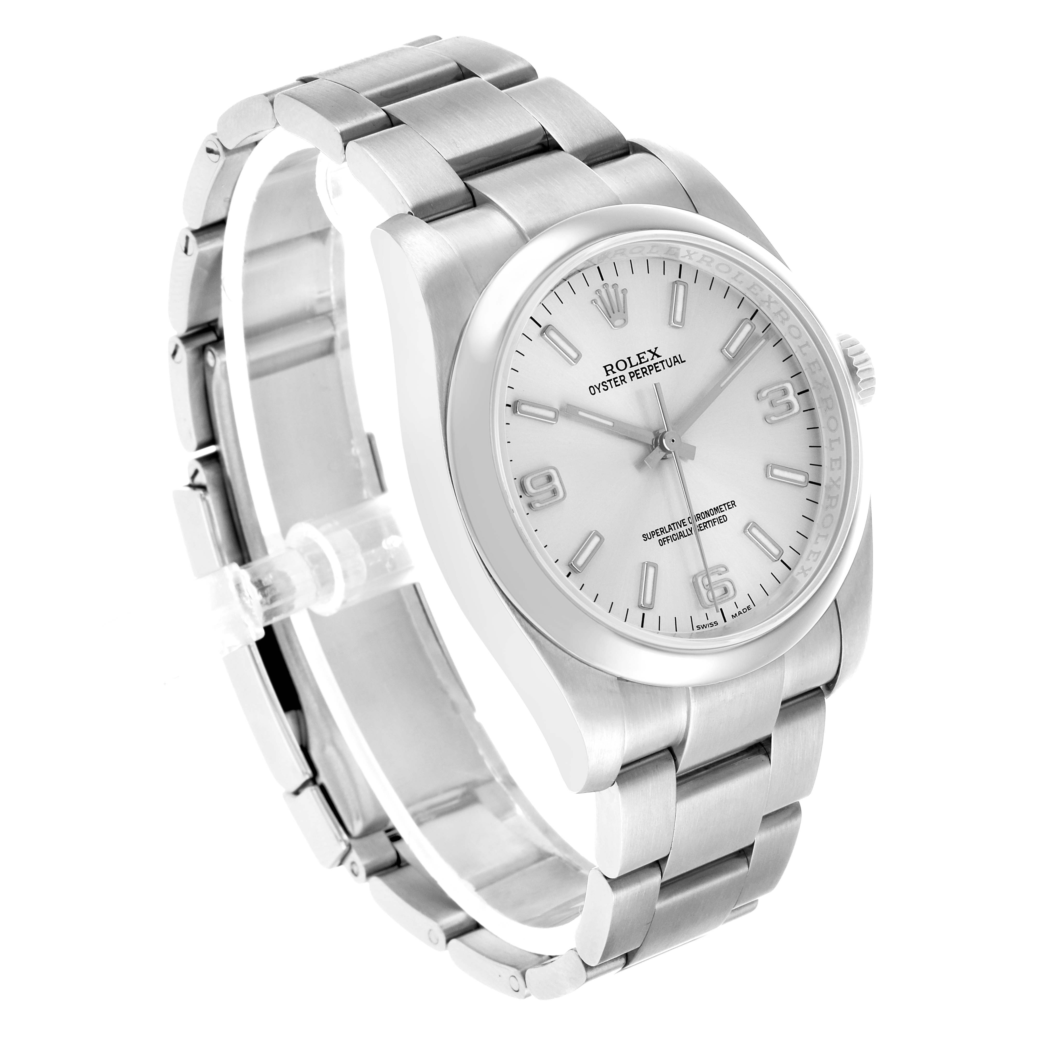 The Rolex Oyster Perpetual 116000 Men's Stainless Steel Silver Dial watch is shown at a three-quarter angle, highlighting the dial, case, and bracelet.