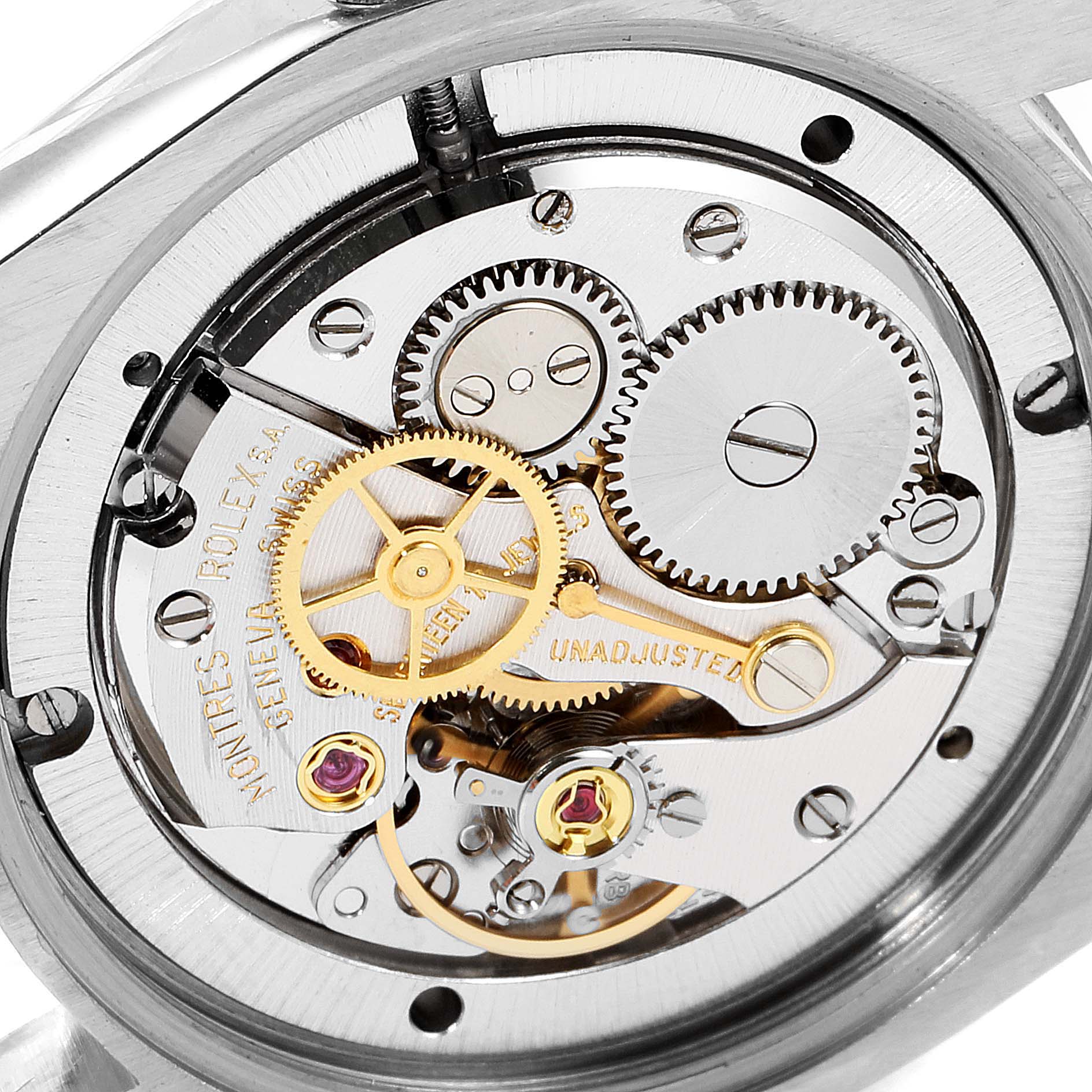 This image shows the internal mechanism of the Rolex Vintage Collection 6694 Men
s Stainless Steel Silver Dial 6694 Men
s Stainless Steel Silver Dial watch from a close-up angle.