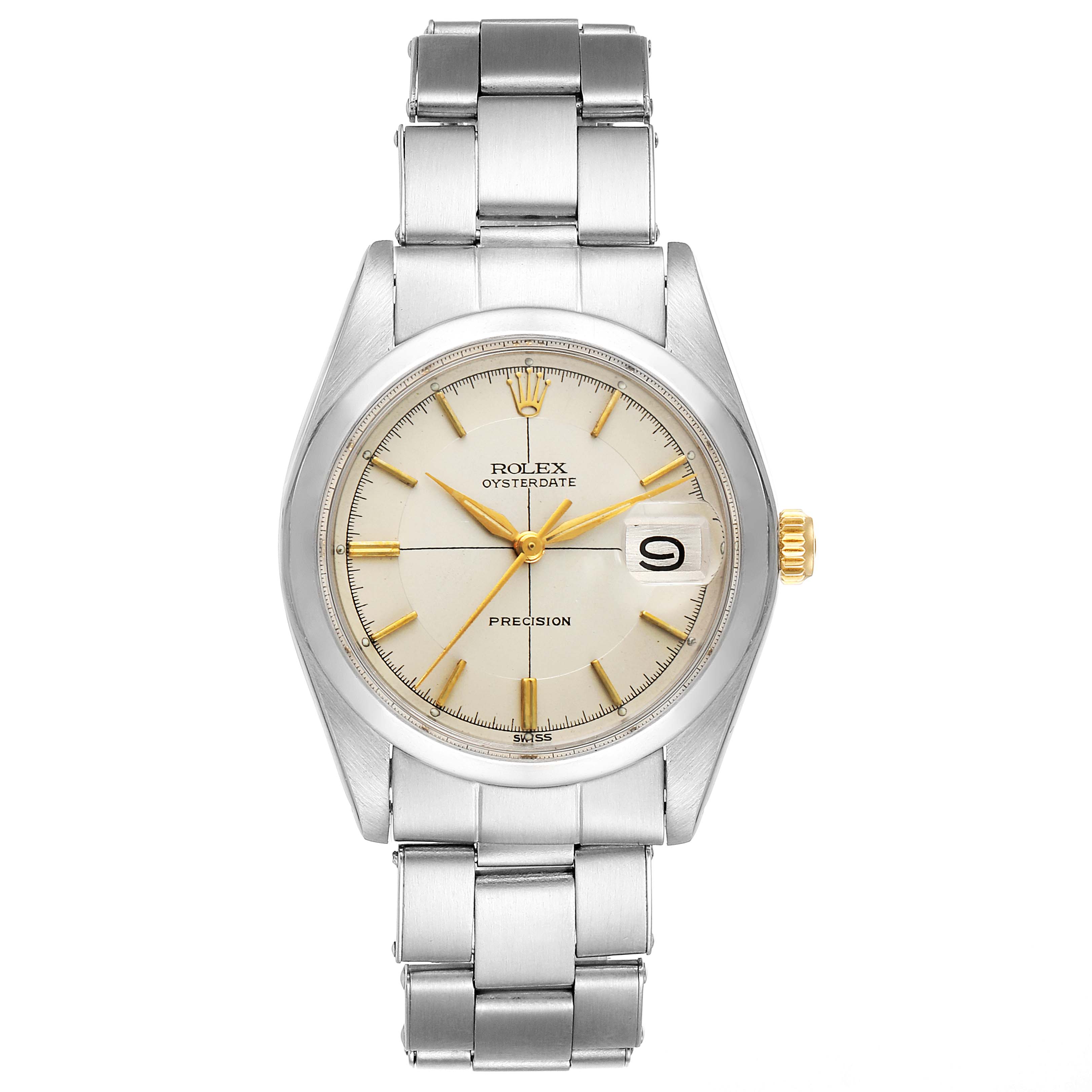 The image shows a front view of the Rolex Vintage Collection 6694 Men
s Stainless Steel Silver Dial 6694 Men
s Stainless Steel Silver Dial Oysterdate Precision watch, including its silver and gold accents and bracelet.