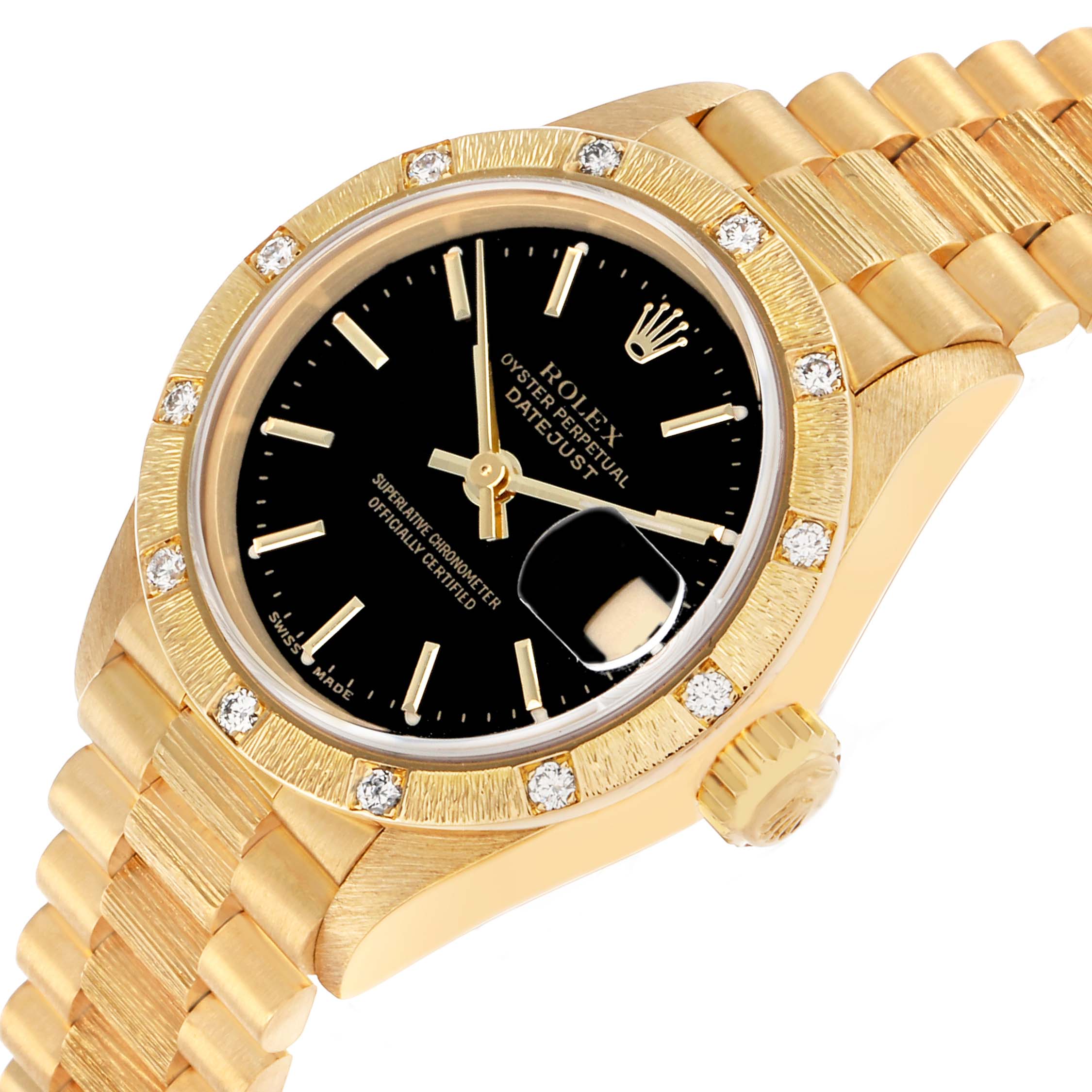The Rolex President 69288 Women's Yellow Gold Black Dial model is shown from a three-quarter angle, highlighting the face, bezel with diamond accents, and gold bracelet.