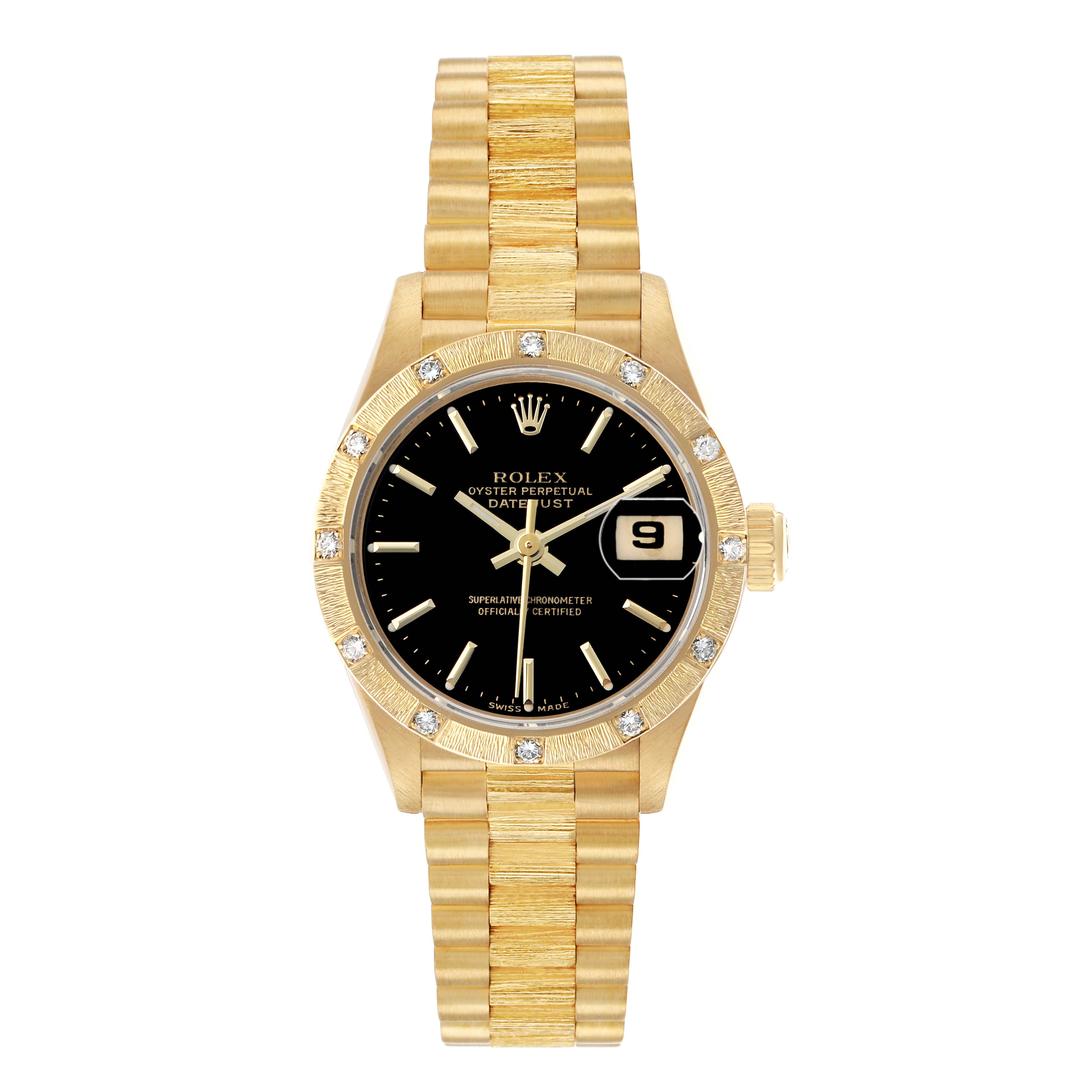 The Rolex President 69288 Women's Yellow Gold Black Dial model is shown from a top-down angle, highlighting the gold bracelet, black dial, and diamond-set bezel.