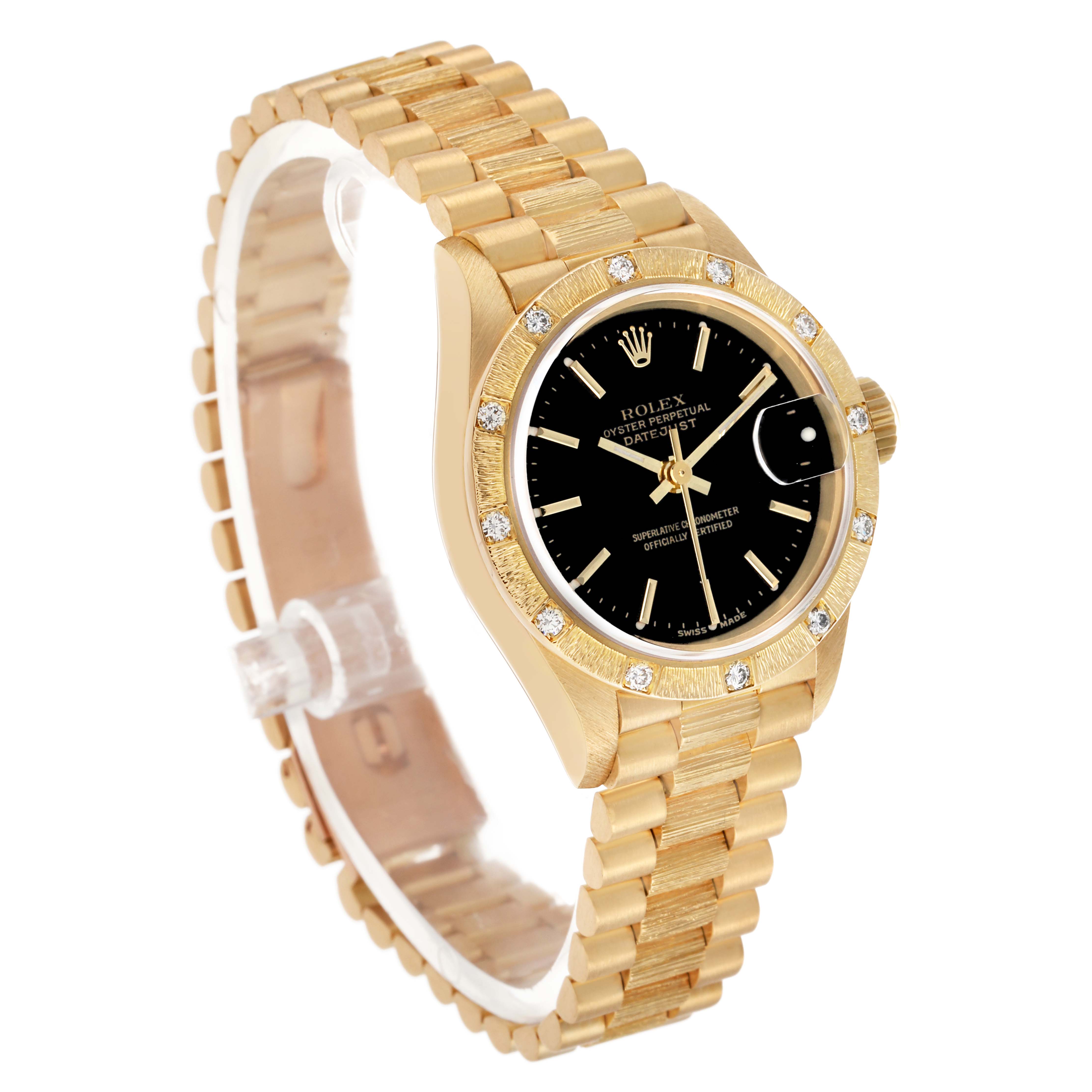 The Rolex President 69288 Women's Yellow Gold Black Dial model is shown at an angled side view highlighting the face, bezel, and bracelet.