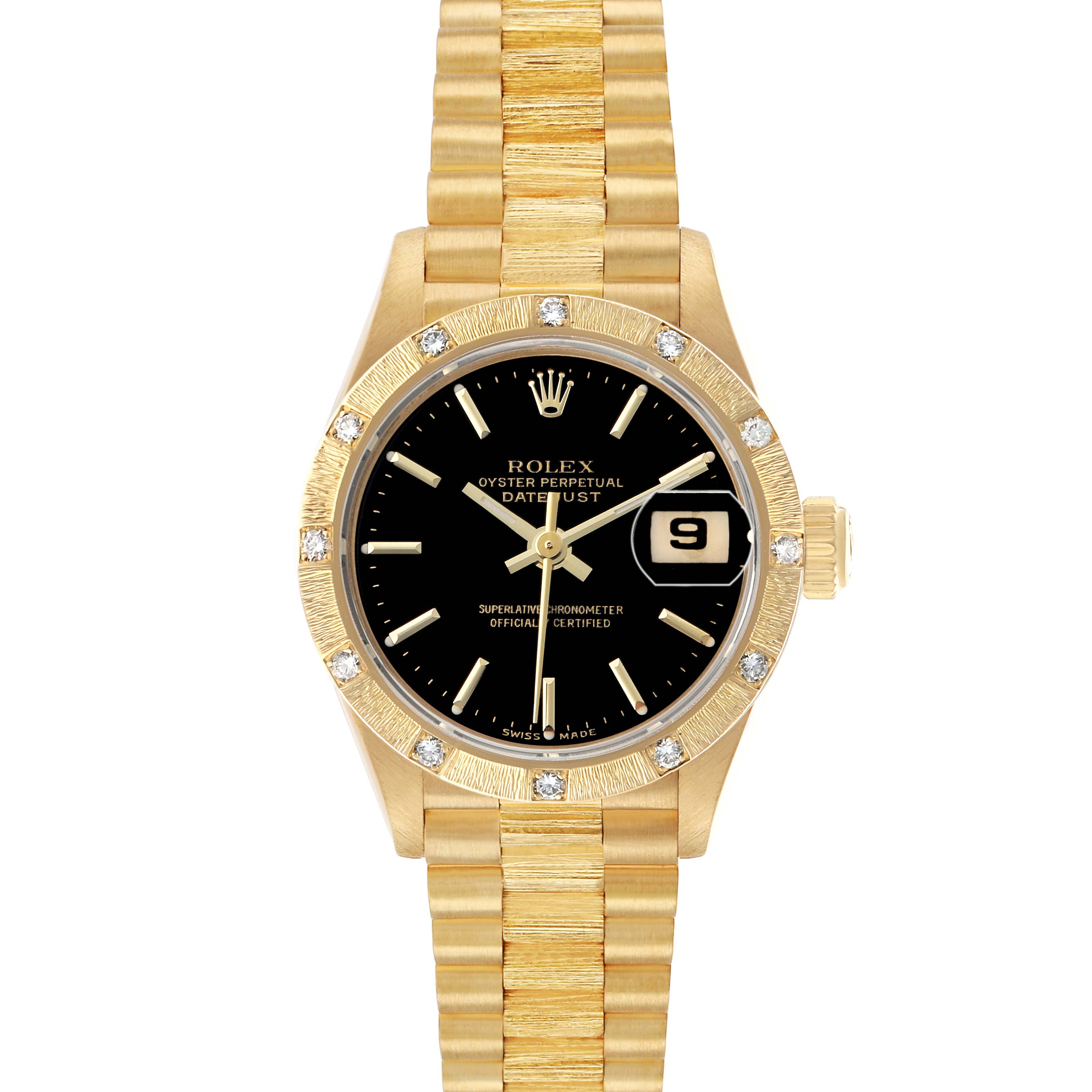 The Rolex President 69288 Women's Yellow Gold Black Dial model is shown front-on, displaying its black dial, diamond-studded bezel, and gold bracelet.