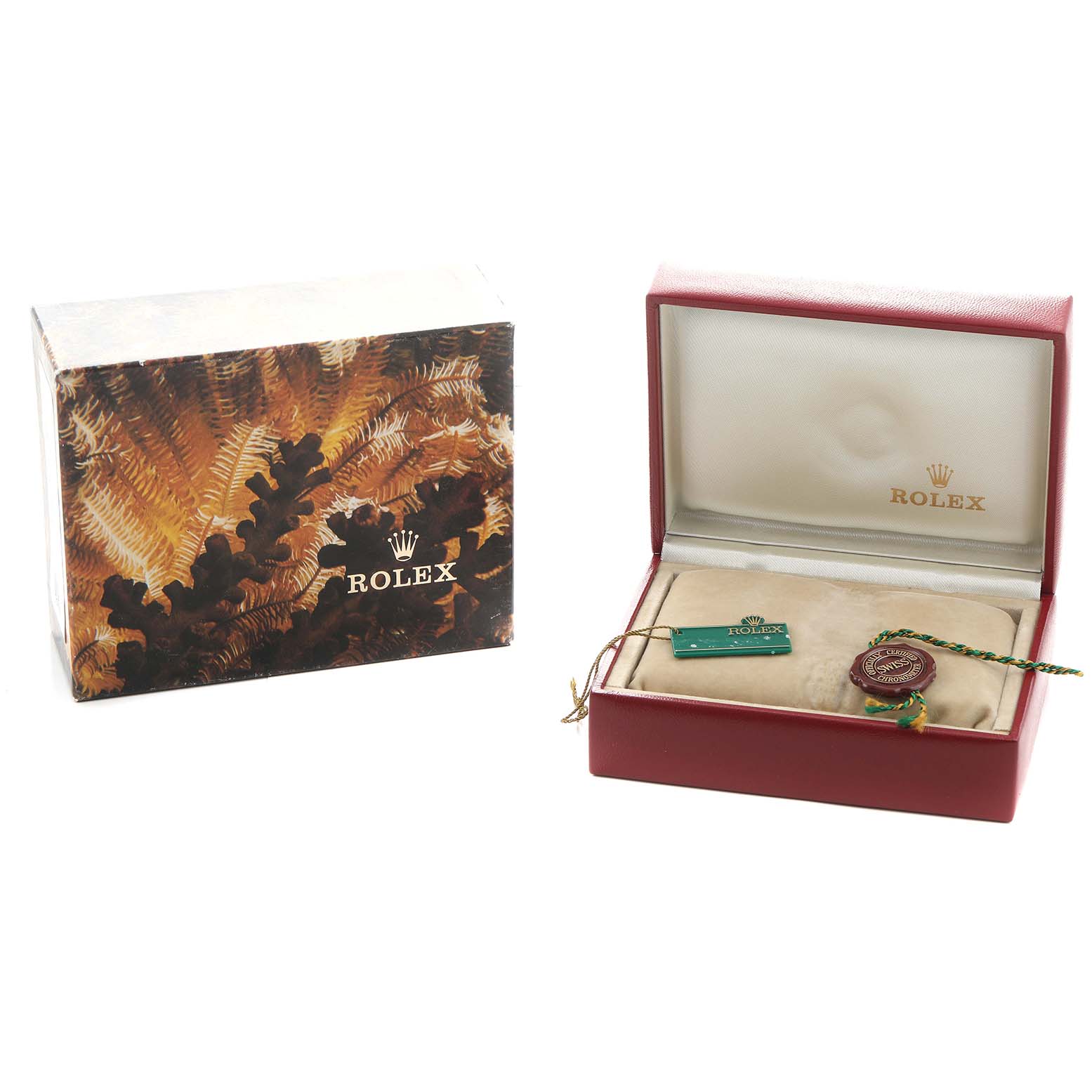 The image shows a Rolex President 69288 Women's Yellow Gold Black Dial watch box and outer packaging, including a tag and seal, but not the watch itself.