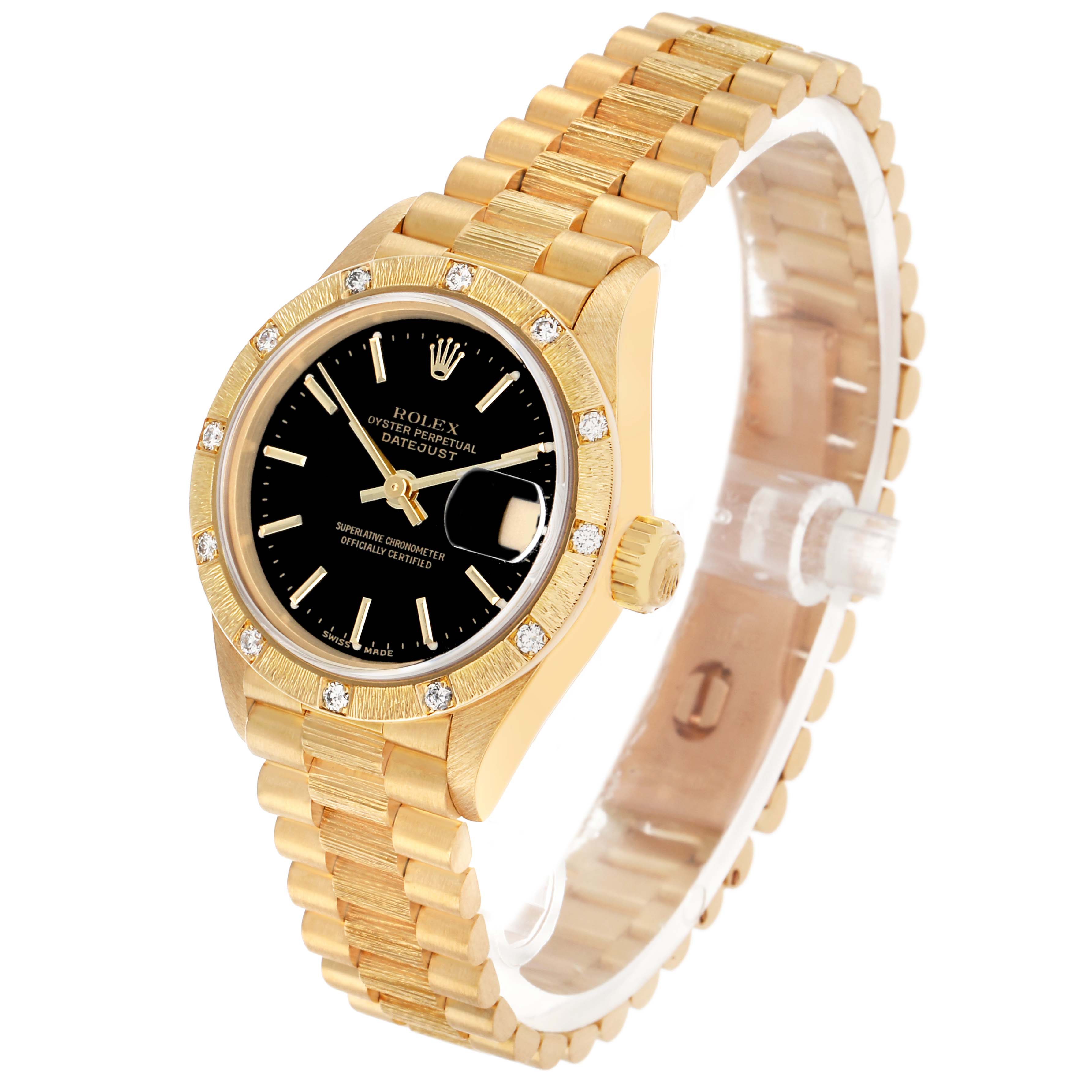 The Rolex President 69288 Women's Yellow Gold Black Dial model is shown at a slight angle highlighting the face, bezel with diamonds, bracelet, and crown.