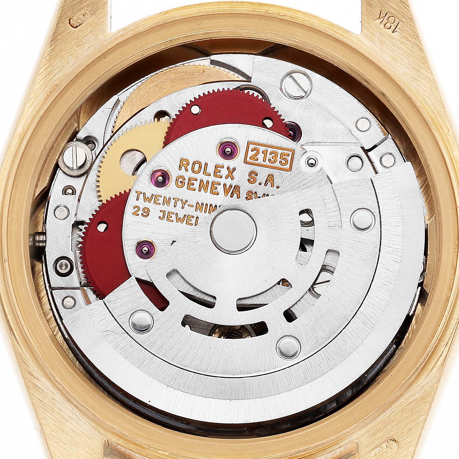 The image shows the intricate internal mechanics of a Rolex President 69288 Women's Yellow Gold Black Dial model watch from a top-down angle.