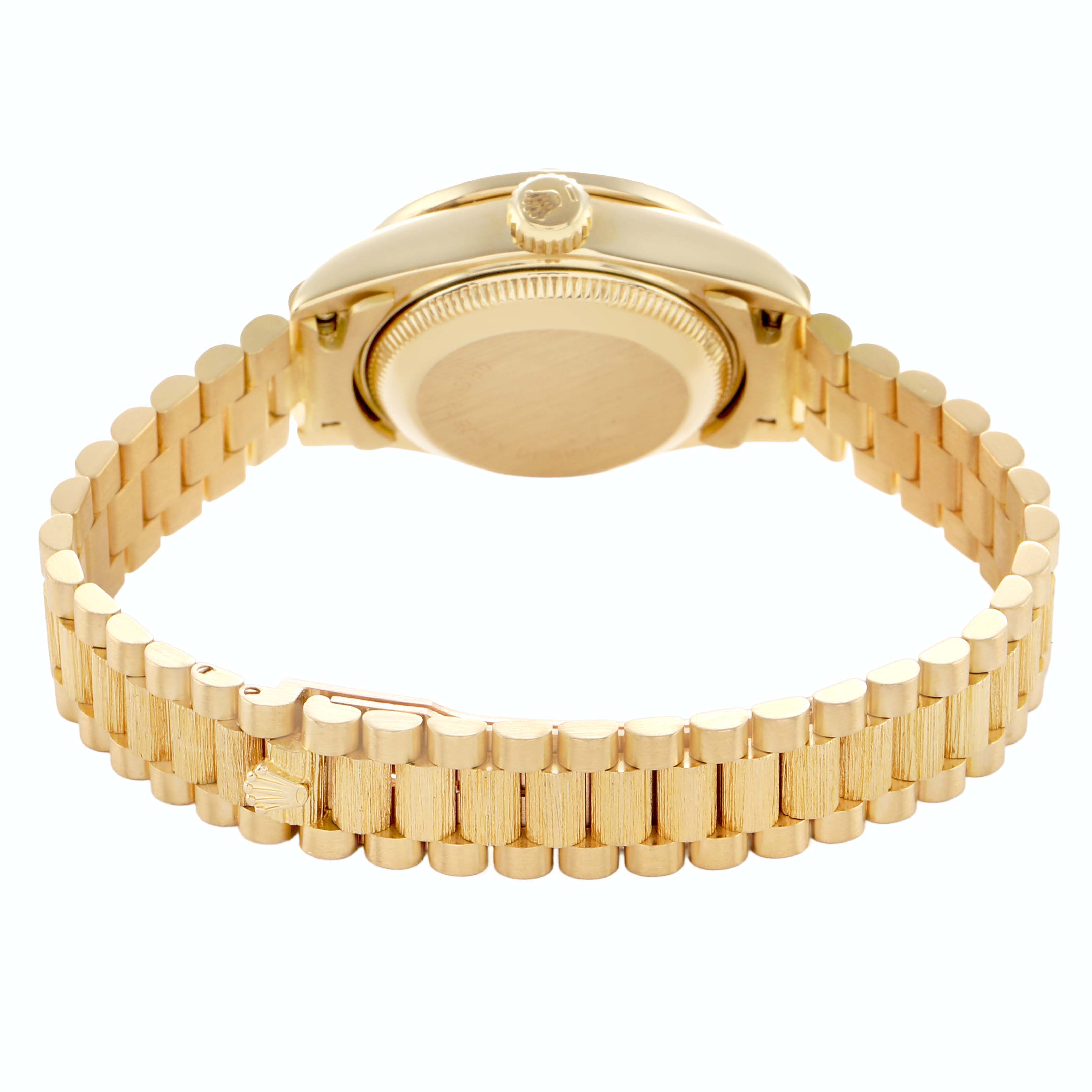 The Rolex President 69288 Women's Yellow Gold Black Dial watch is shown from the back, highlighting its clasp, bracelet, and case back.