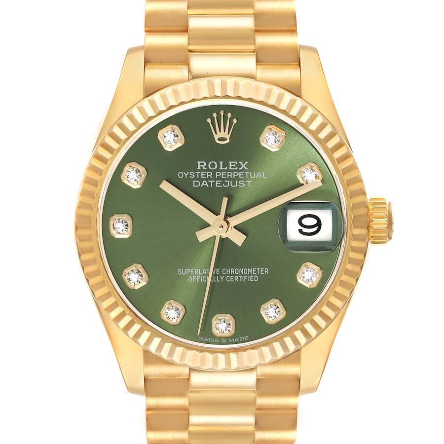 The Rolex President watch is shown from the front, highlighting the green dial, gold bezel, bracelet, and date display.