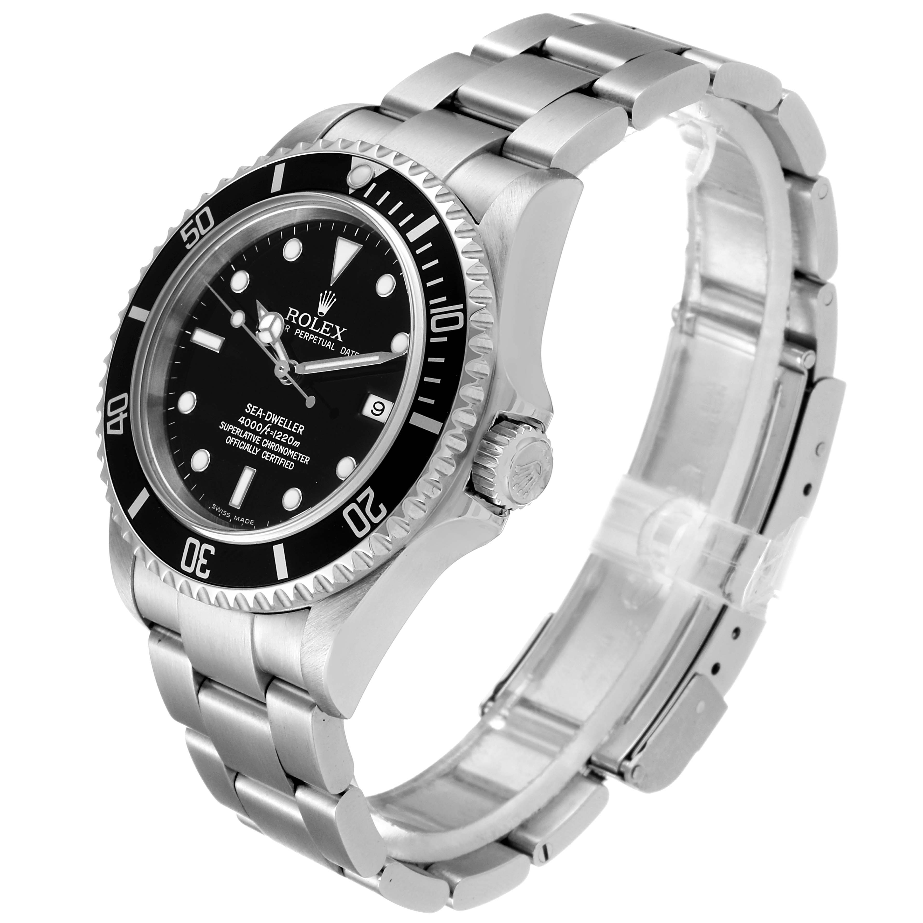 The Rolex Sea-Dweller 16600 Men
s Stainless Steel Black Dial 16600 Men
s Stainless Steel Black Dial model watch is shown at a three-quarter angle, displaying the face, bezel, crown, and full bracelet.