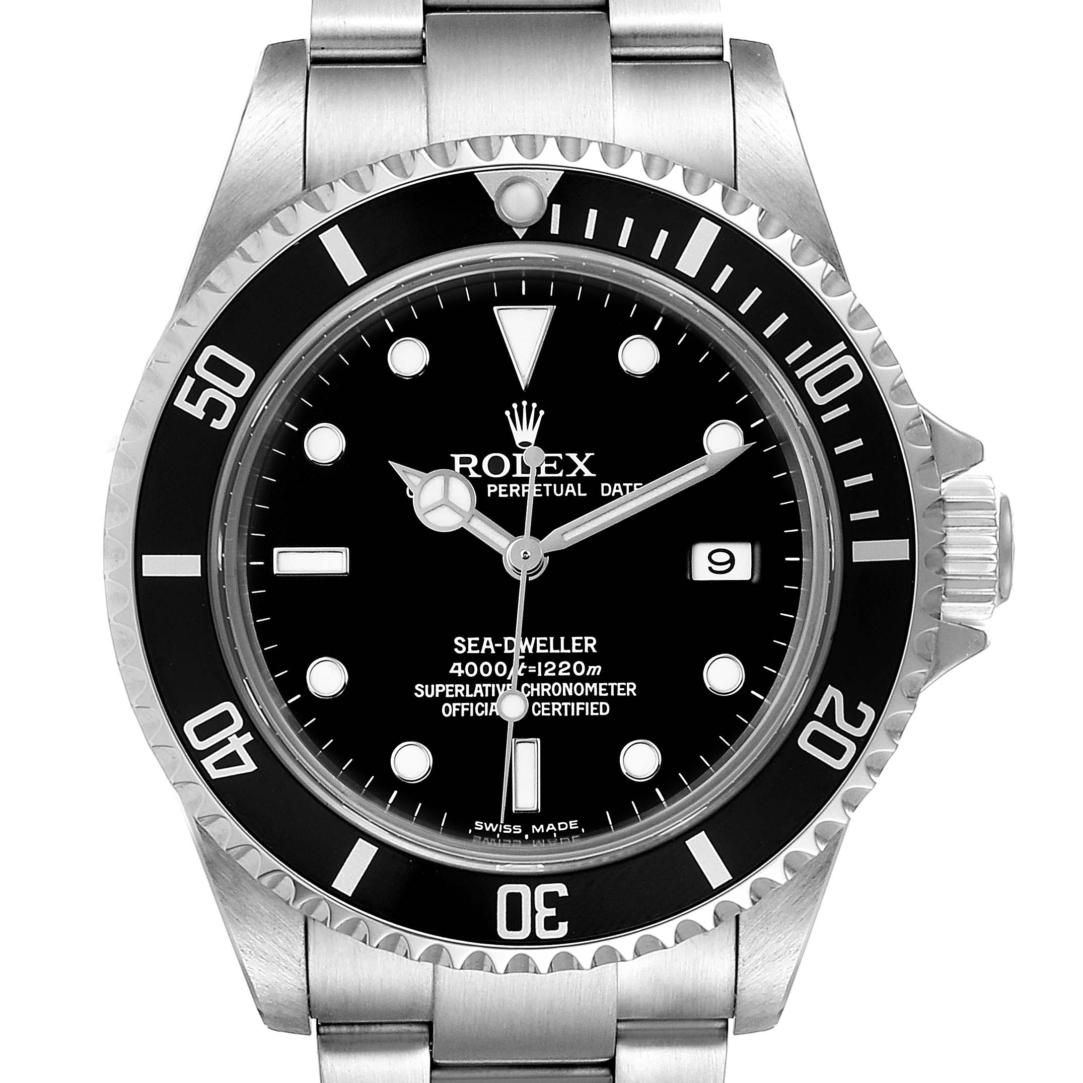The image shows the front view of the Rolex Sea-Dweller 16600 Men
s Stainless Steel Black Dial 16600 Men
s Stainless Steel Black Dial watch, displaying the dial, bezel, and part of the bracelet.