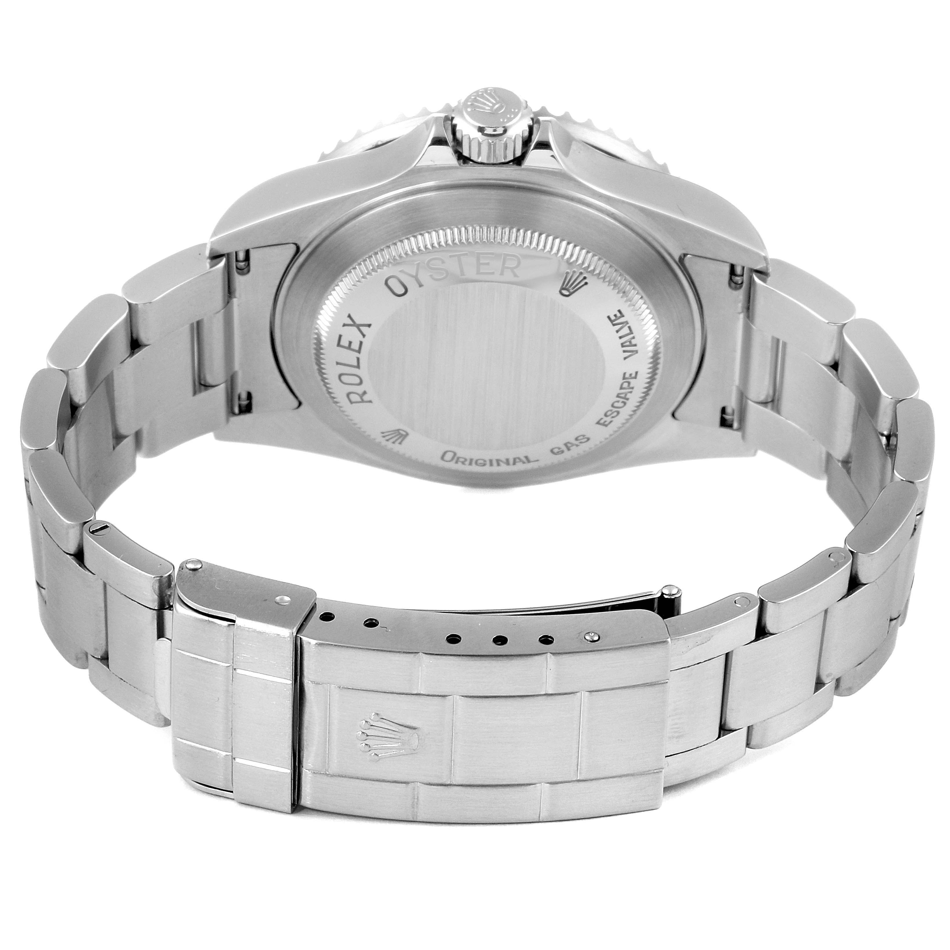 The image shows the back case and bracelet of a Rolex Sea-Dweller 16600 Men
s Stainless Steel Black Dial 16600 Men
s Stainless Steel Black Dial watch, highlighting the clasp and rear engravings.