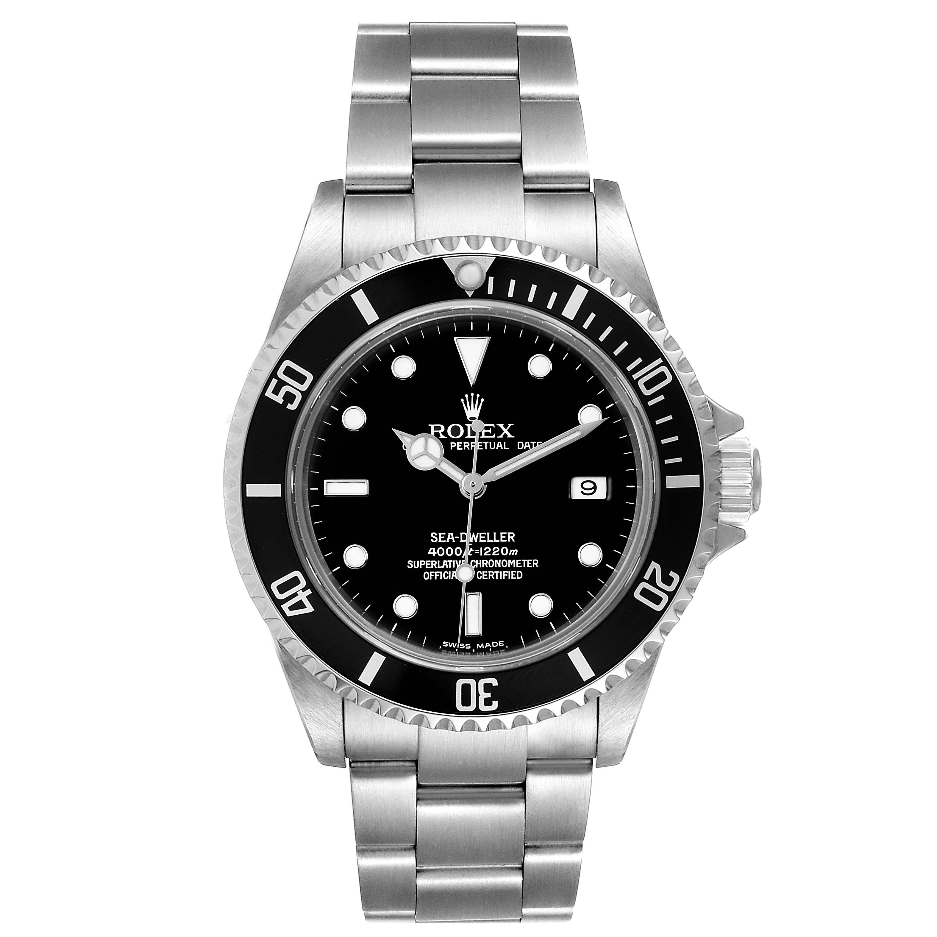 The image shows a full frontal view of the Rolex Sea-Dweller 16600 Men
s Stainless Steel Black Dial 16600 Men
s Stainless Steel Black Dial watch, displaying its dial, bezel, and stainless steel bracelet.