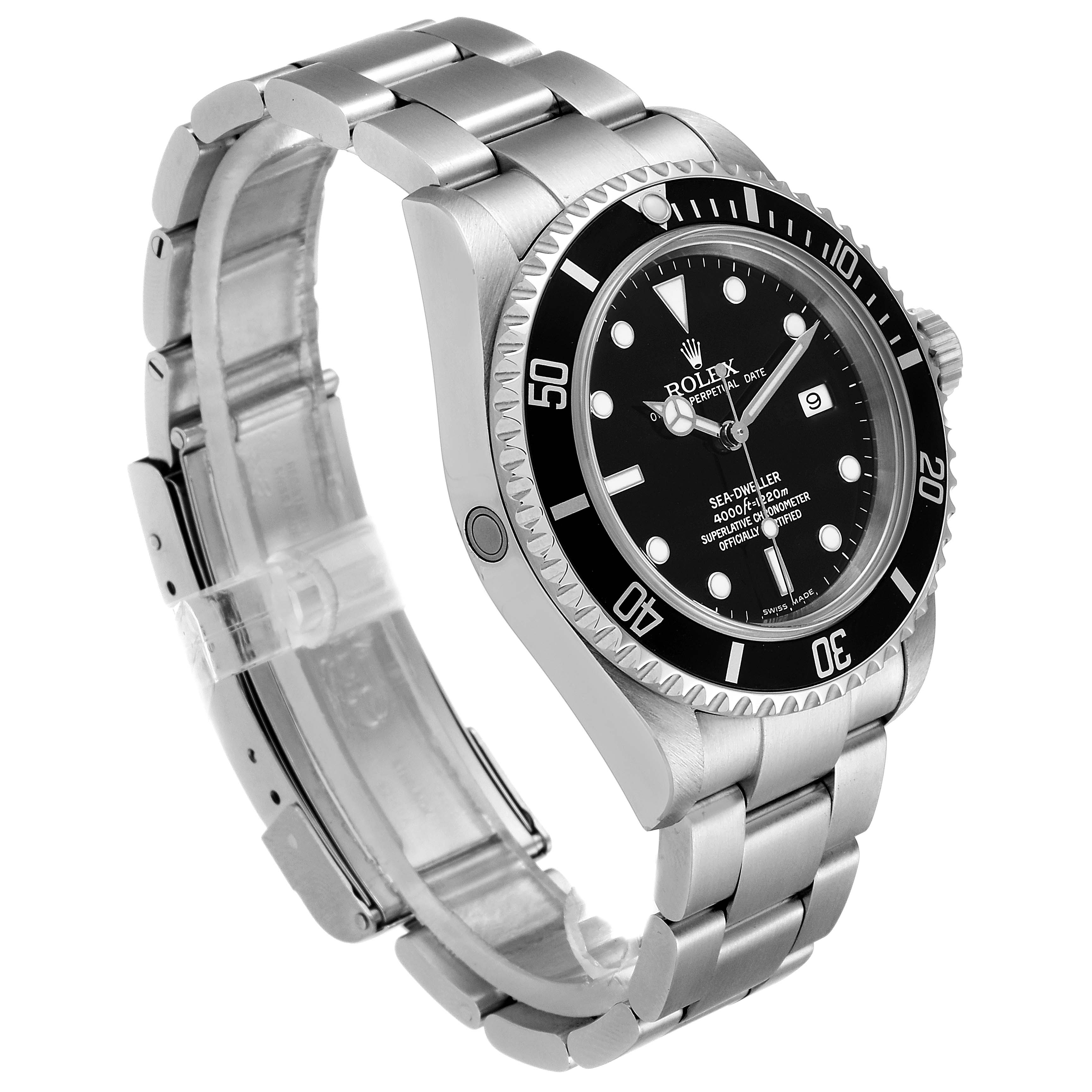 The image shows a Rolex Sea-Dweller 16600 Men
s Stainless Steel Black Dial 16600 Men
s Stainless Steel Black Dial watch angled to display the face, bezel, crown, and part of the bracelet.