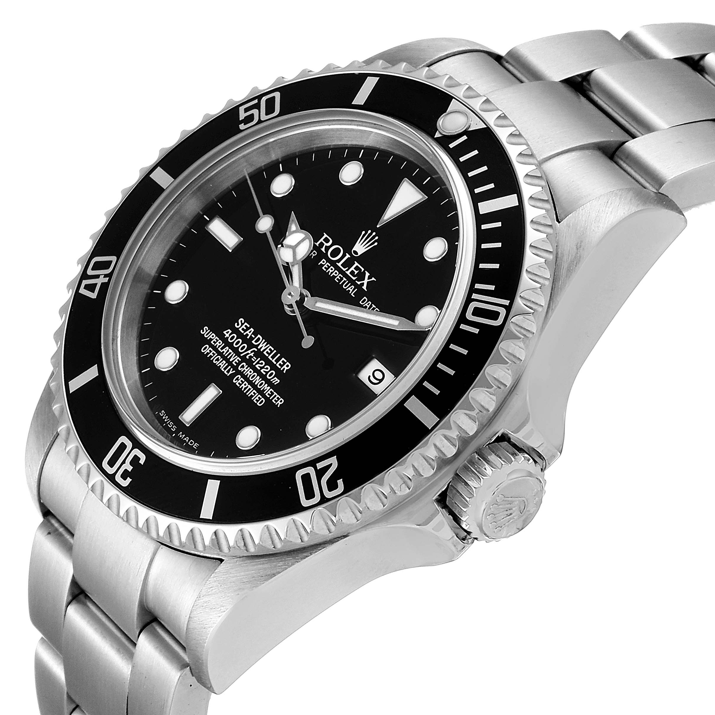 The image shows a side angle of the Rolex Sea-Dweller 16600 Men
s Stainless Steel Black Dial 16600 Men
s Stainless Steel Black Dial featuring the bezel, crown, bracelet, and dial.