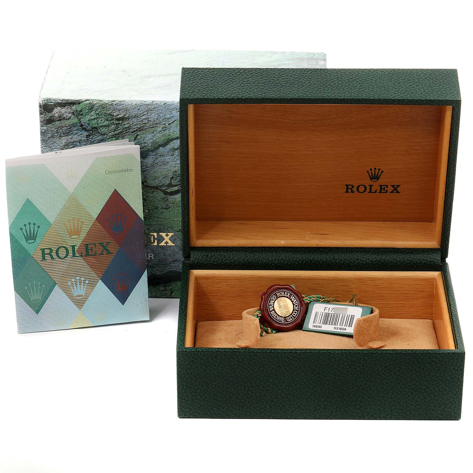 The image shows the open box, booklet, and tags for the Rolex Sea-Dweller 16600 Men
s Stainless Steel Black Dial 16600 Men
s Stainless Steel Black Dial watch model.