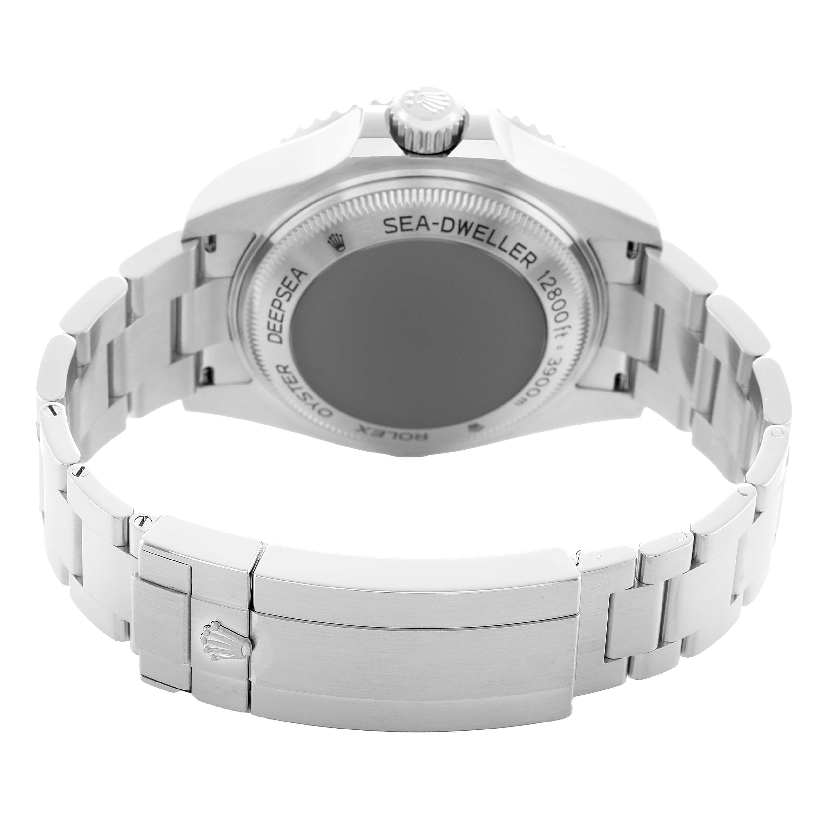 The image shows the back view of the Rolex Sea-Dweller 126660 Men's Stainless Steel Blue Dial watch, highlighting the case back and bracelet.