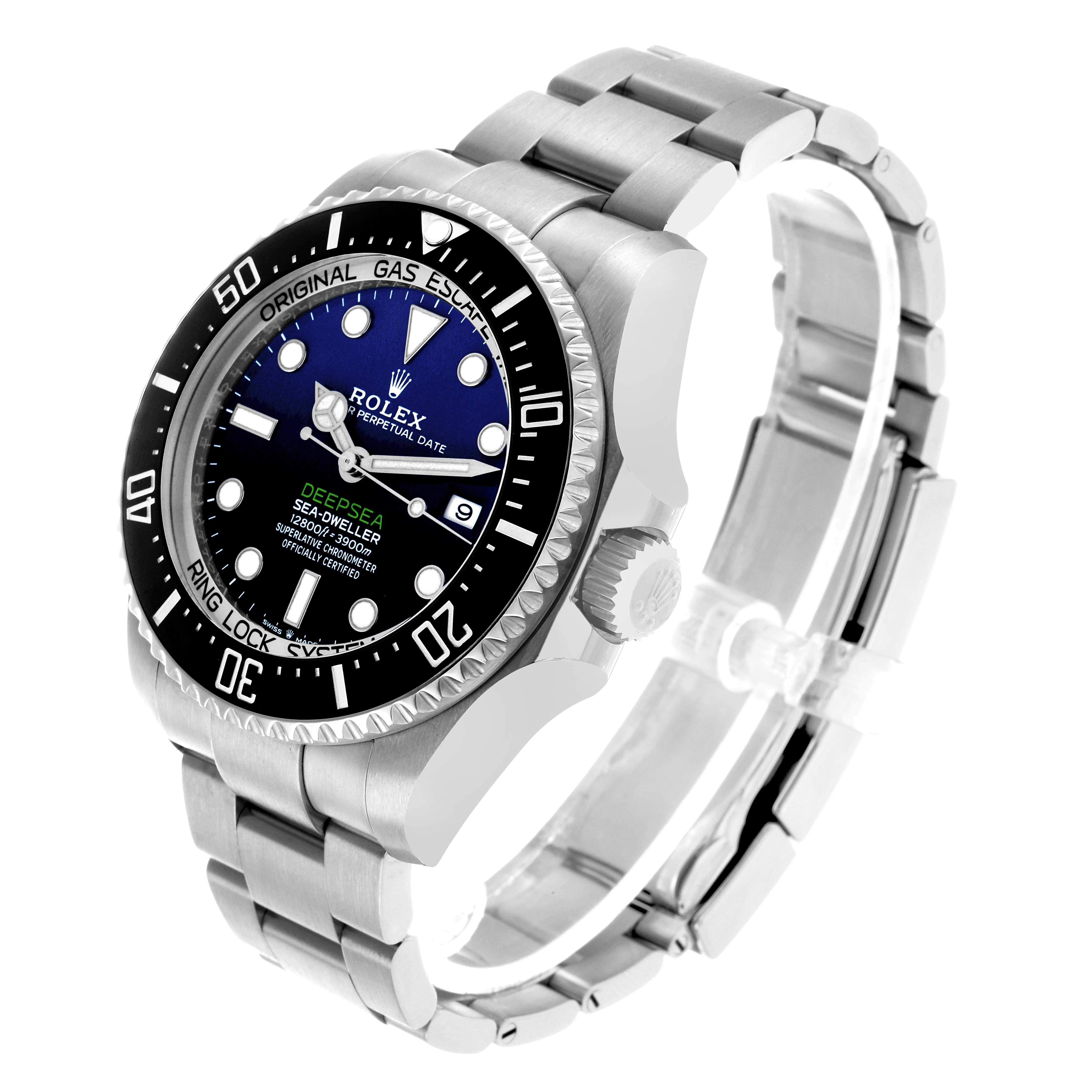 The Rolex Sea-Dweller 126660 Men's Stainless Steel Blue Dial watch is shown at a three-quarter angle, displaying its dial, bezel, crown, and bracelet.