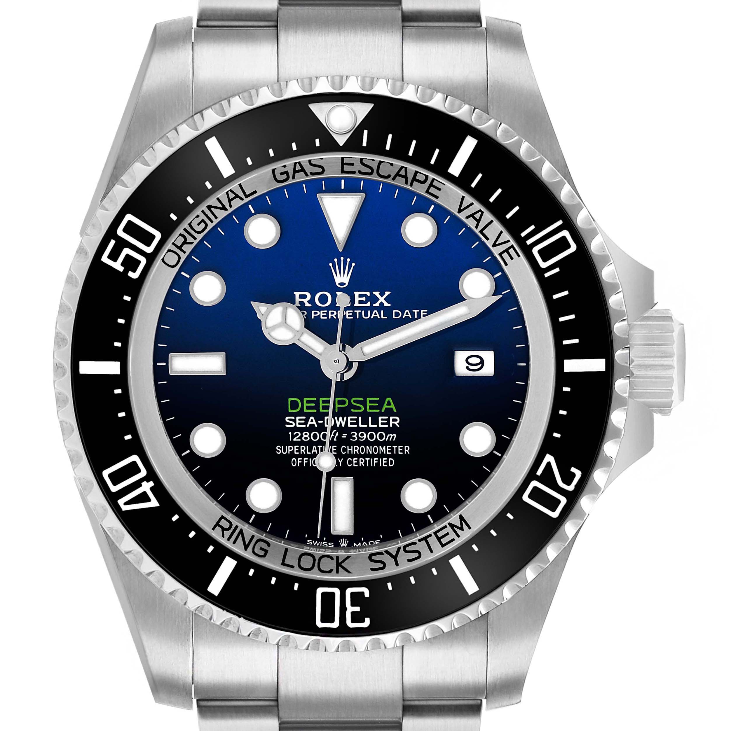 The Rolex Sea-Dweller 126660 Men's Stainless Steel Blue Dial watch is shown from a front angle, highlighting the dial, bezel, and part of the bracelet.
