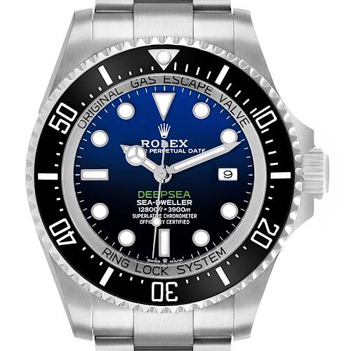 The image shows a Rolex Sea-Dweller 126660 Men's Stainless Steel Blue Dial watch from the front, highlighting the dial, bezel, and part of the bracelet.