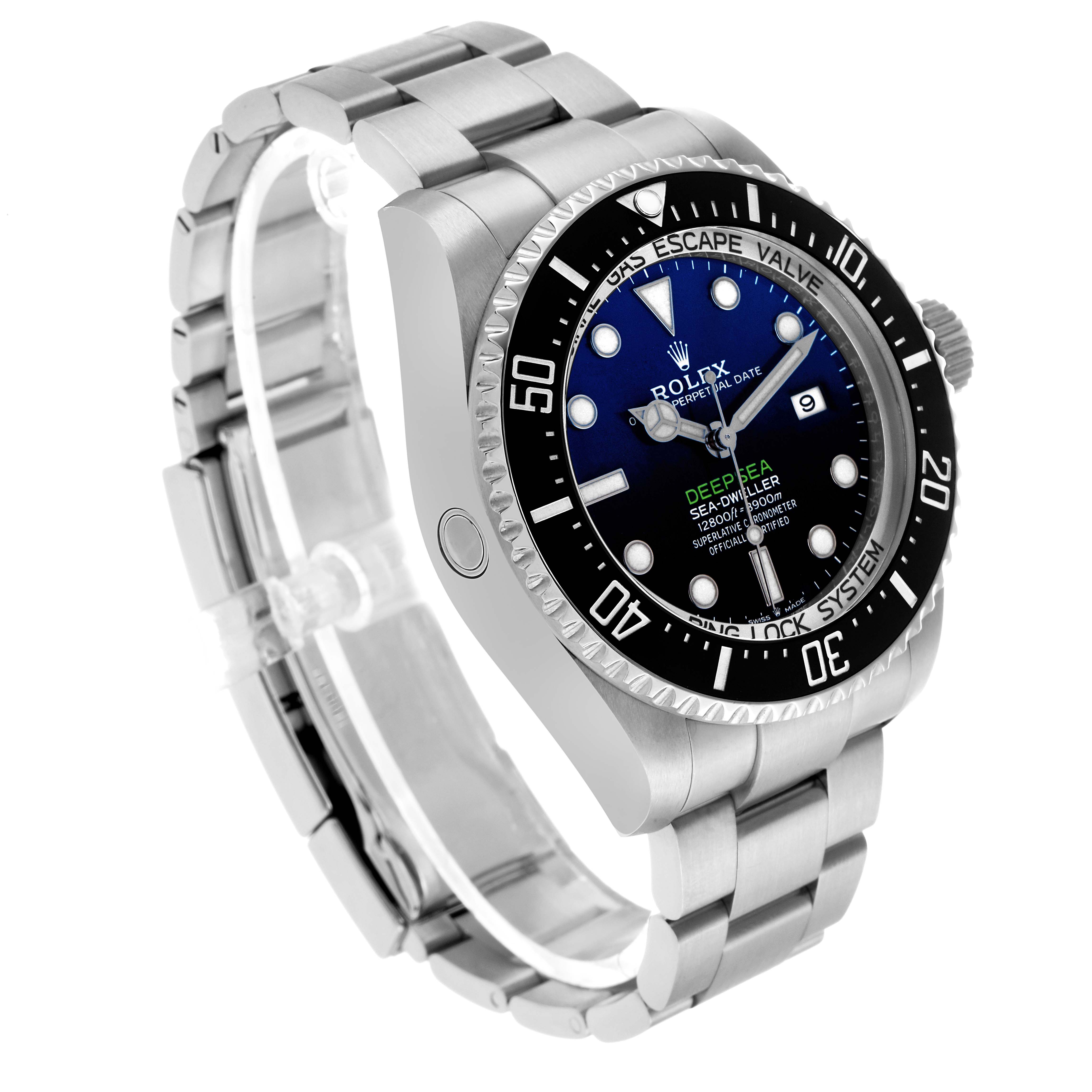 The Rolex Sea-Dweller 126660 Men's Stainless Steel Blue Dial watch is shown at an angled side view, highlighting the bezel, bracelet, and crown.