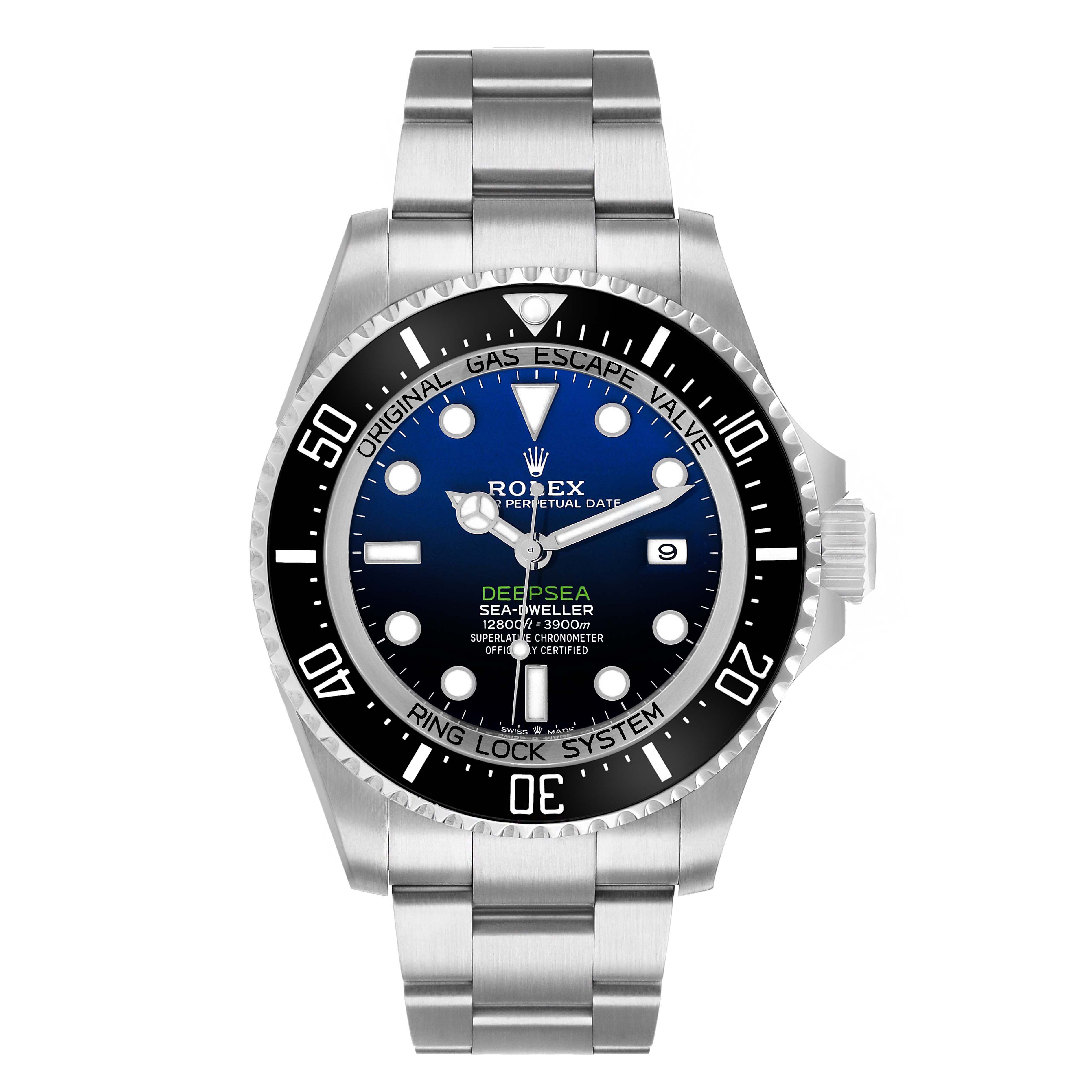 The Rolex Sea-Dweller 126660 Men's Stainless Steel Blue Dial watch is shown from a front angle, highlighting its face, bezel, and bracelet.