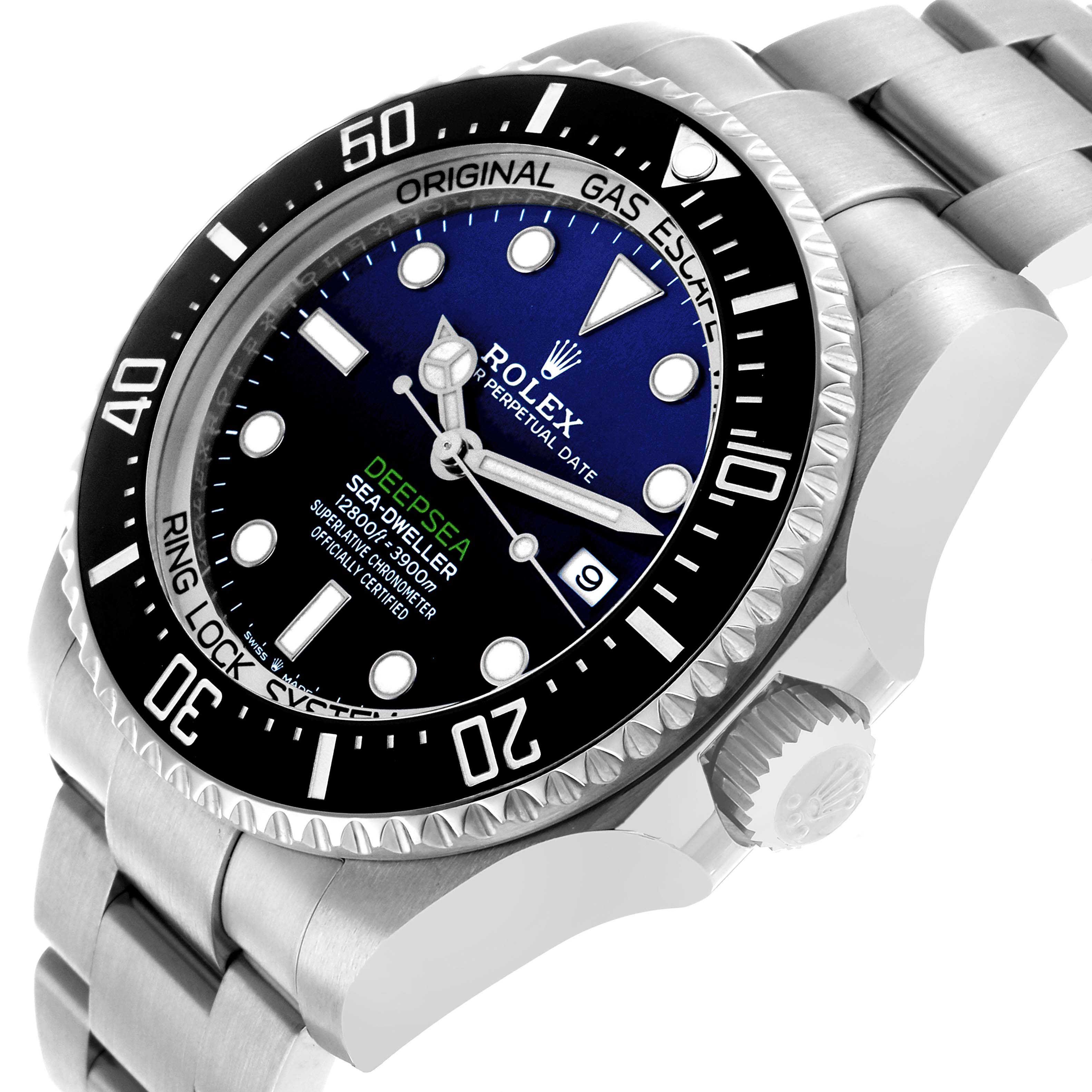 The Rolex Sea-Dweller 126660 Men's Stainless Steel Blue Dial watch is shown at an angled side view, highlighting the dial, bezel, crown, and bracelet.