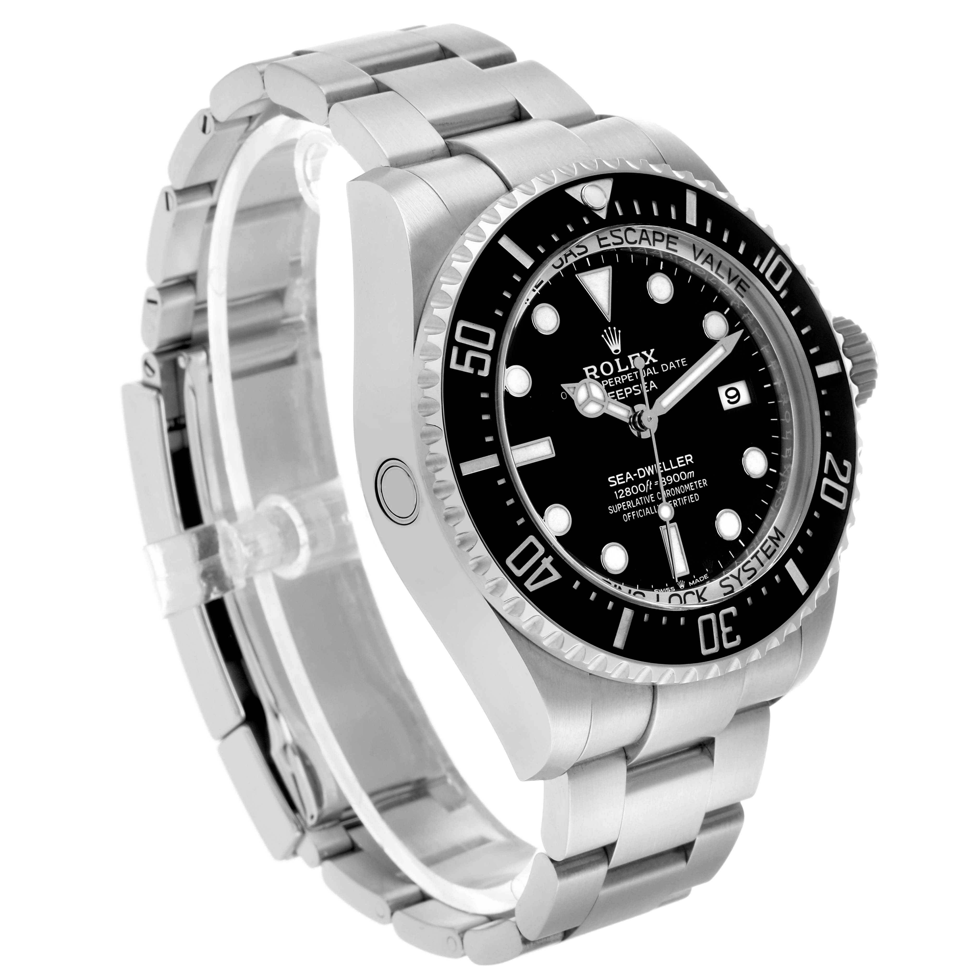 The Rolex Sea-Dweller 136660 Men's Stainless Steel Black Dial watch is shown at a three-quarter angle, highlighting the bezel, dial, case, and bracelet.