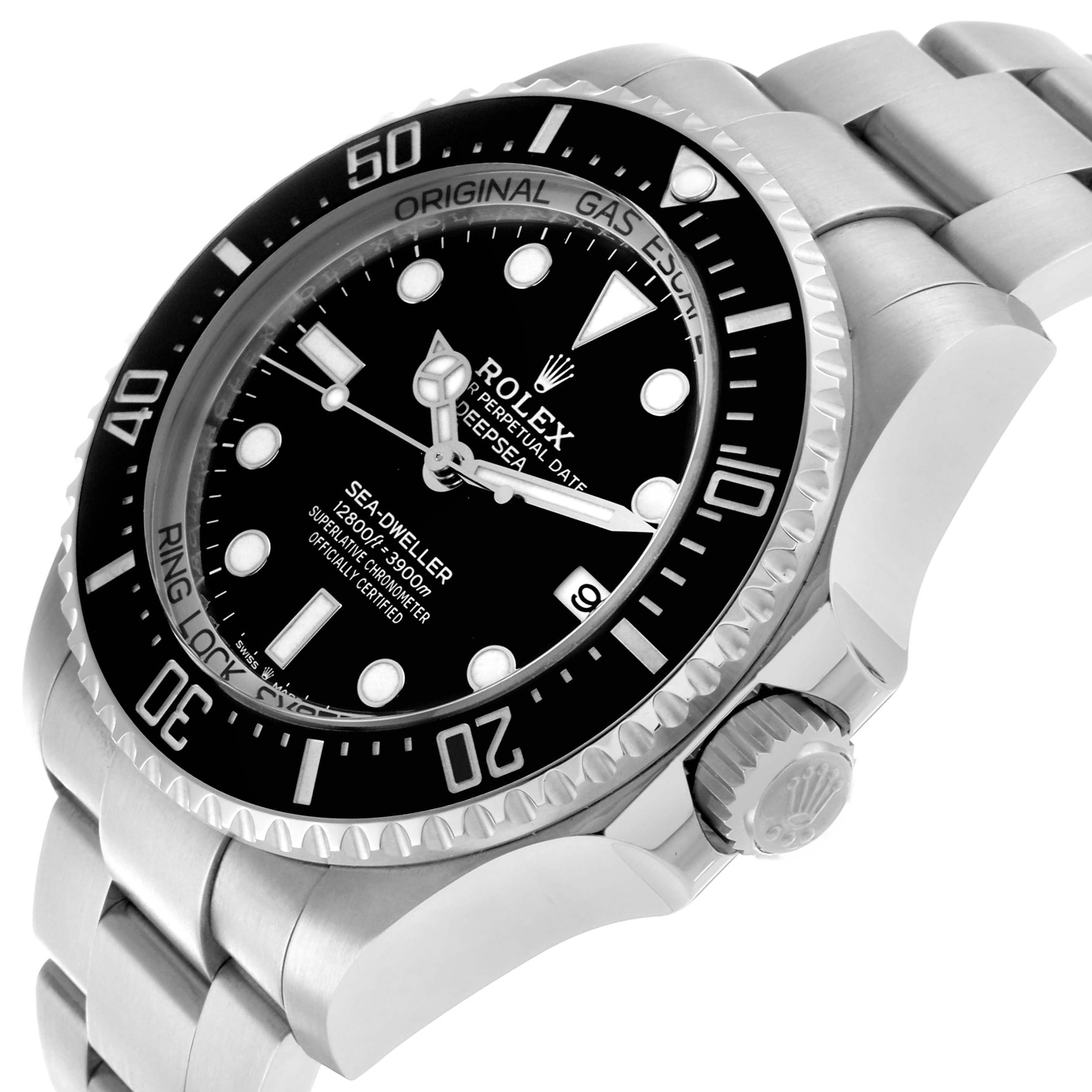 The Rolex Sea-Dweller 136660 Men's Stainless Steel Black Dial is shown at an angled side view, highlighting the bezel, dial, crown, and part of the bracelet.