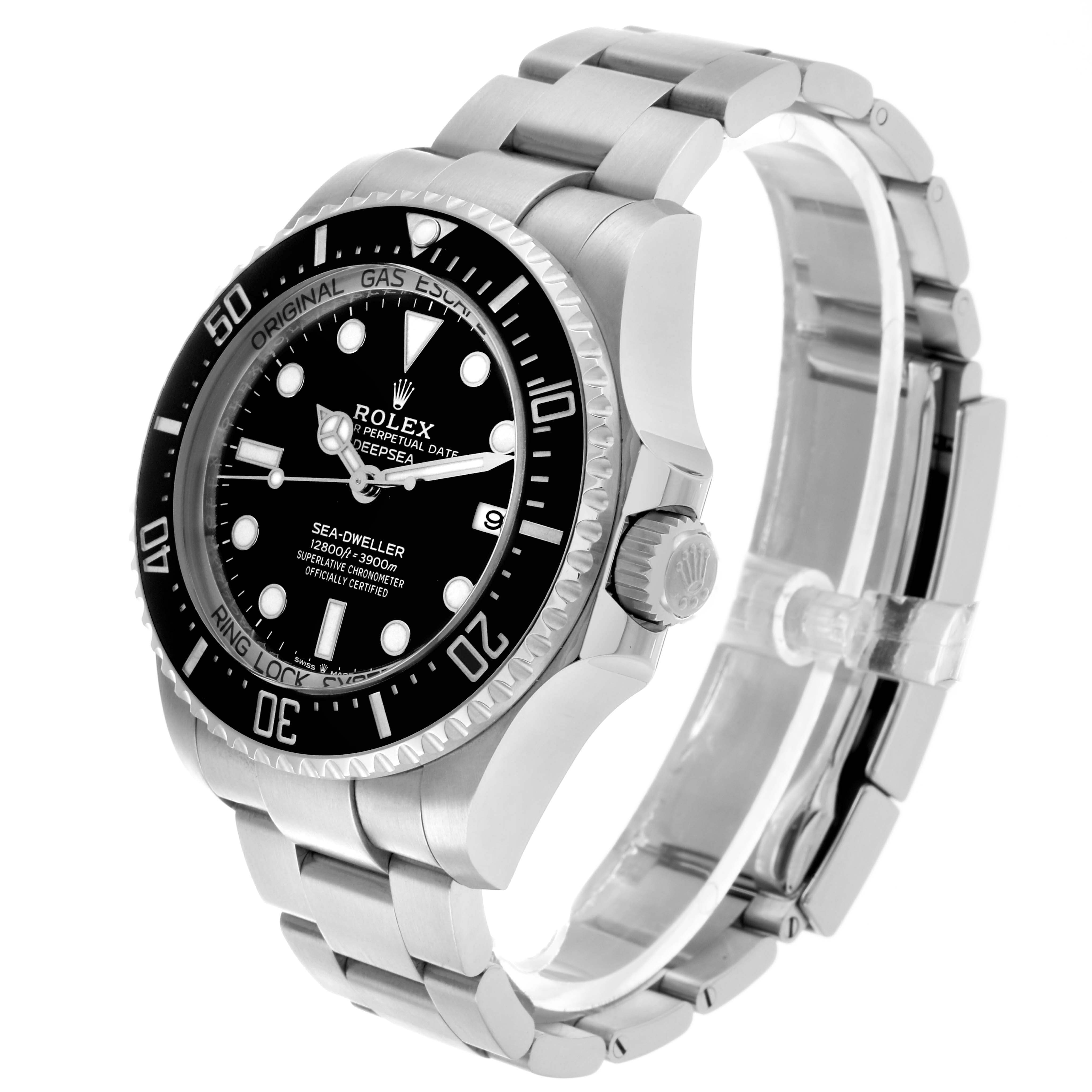The Rolex Sea-Dweller 136660 Men's Stainless Steel Black Dial watch is shown at a three-quarter angle, highlighting the dial, bezel, crown, and bracelet.