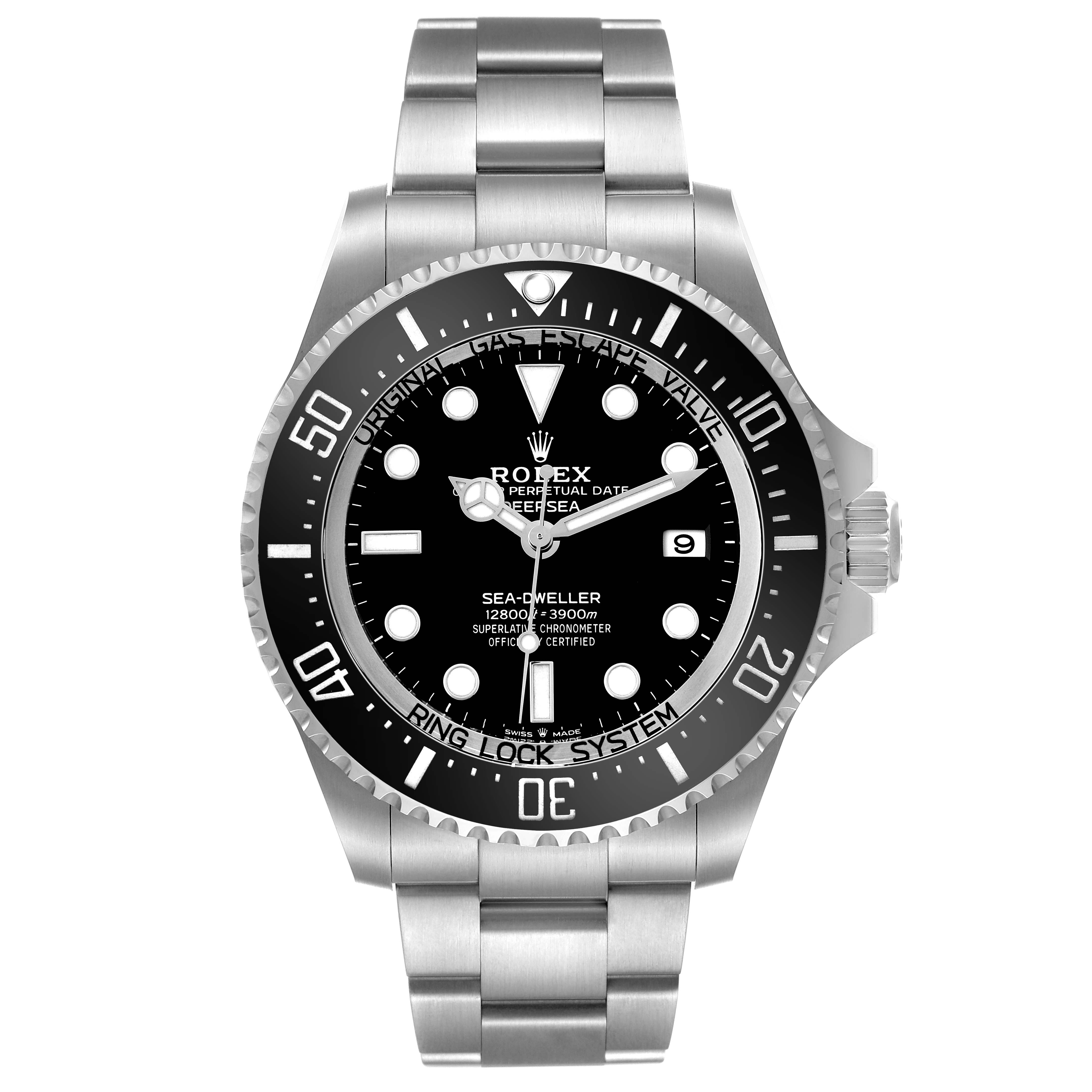 The image shows a front view of the Rolex Sea-Dweller 136660 Men's Stainless Steel Black Dial, highlighting the dial, bezel, and stainless steel bracelet.