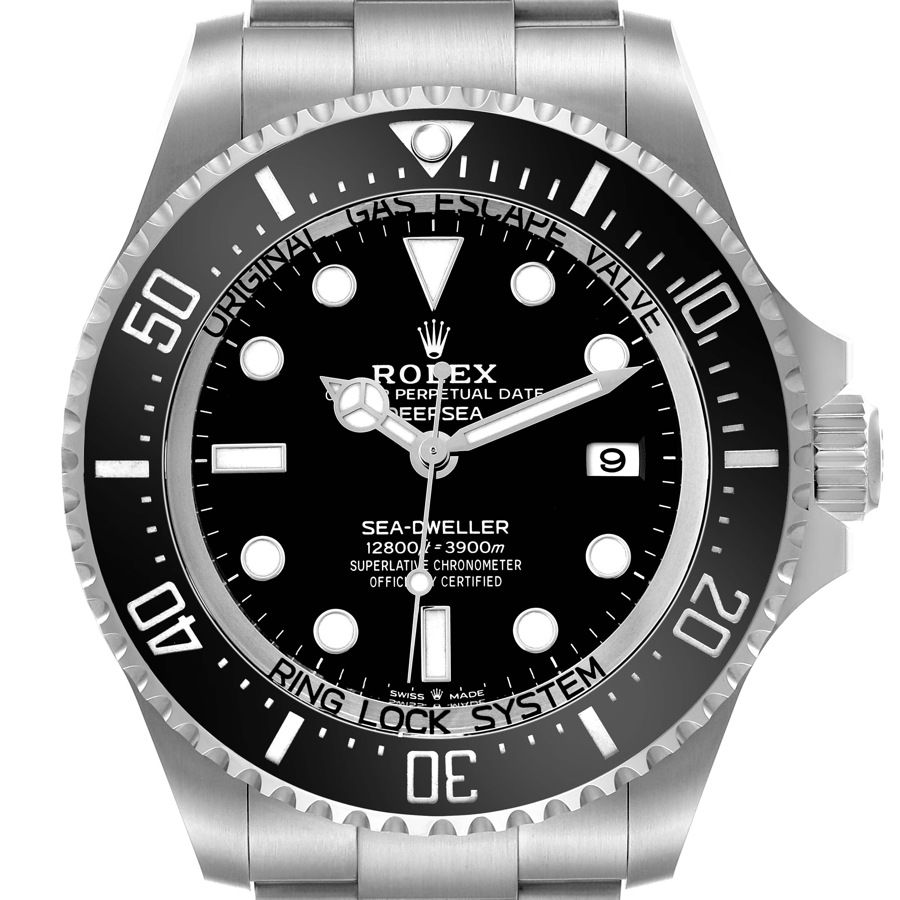 The image shows a frontal view of the Rolex Sea-Dweller 136660 Men's Stainless Steel Black Dial watch, highlighting the dial, bezel, and bracelet.