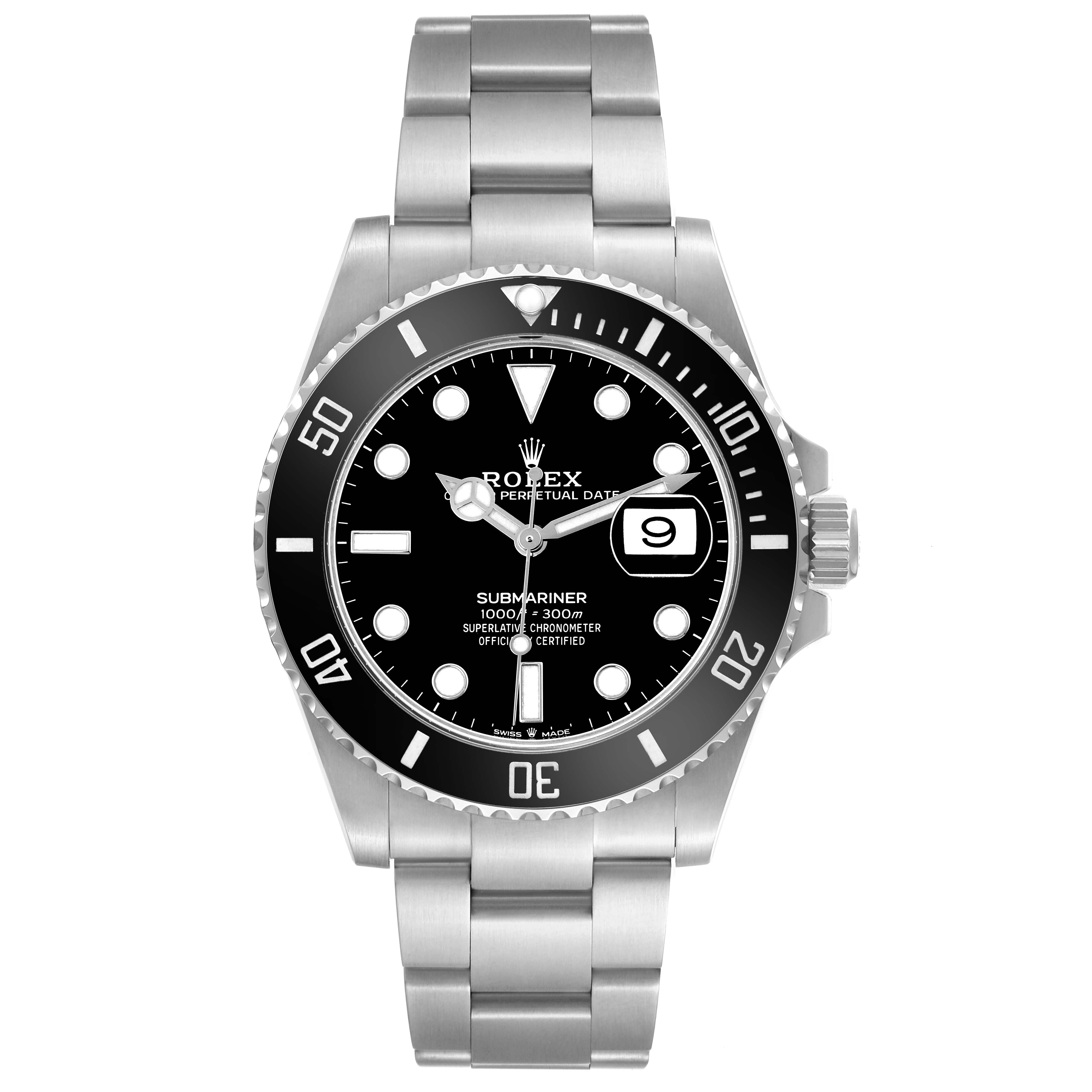 The Rolex Submariner 126610LN Men's Stainless Steel Black Dial 126610LN Men's Stainless Steel Black Dial watch is shown from the front, displaying the dial, bezel, bracelet, and crown.