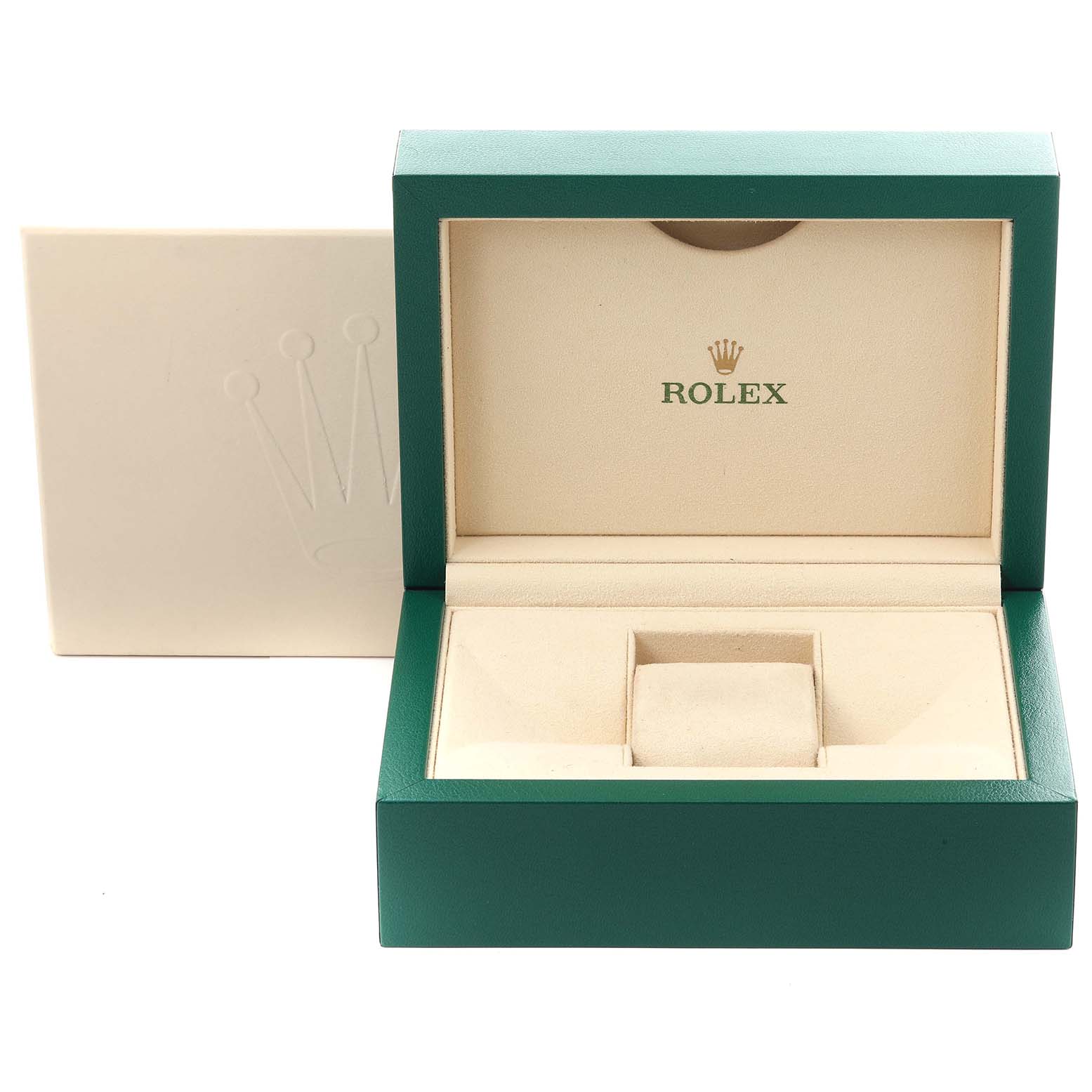The image shows an open Rolex Submariner 126610LN Men's Stainless Steel Black Dial 126610LN Men's Stainless Steel Black Dial watch box, showcasing its green exterior and beige interior.