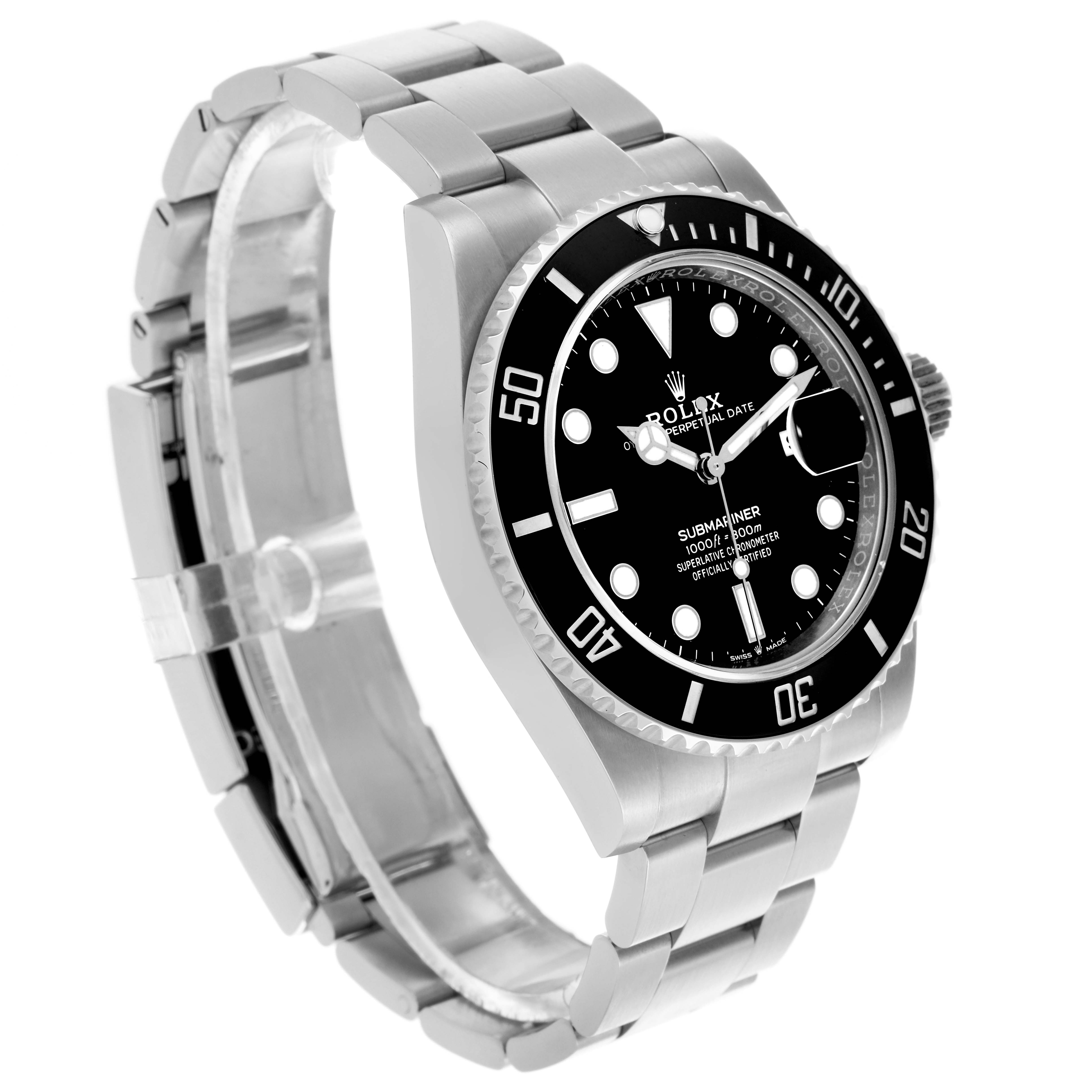 This image shows a side angle of the Rolex Submariner 126610LN Men's Stainless Steel Black Dial 126610LN Men's Stainless Steel Black Dial, highlighting the bezel, dial, and bracelet.