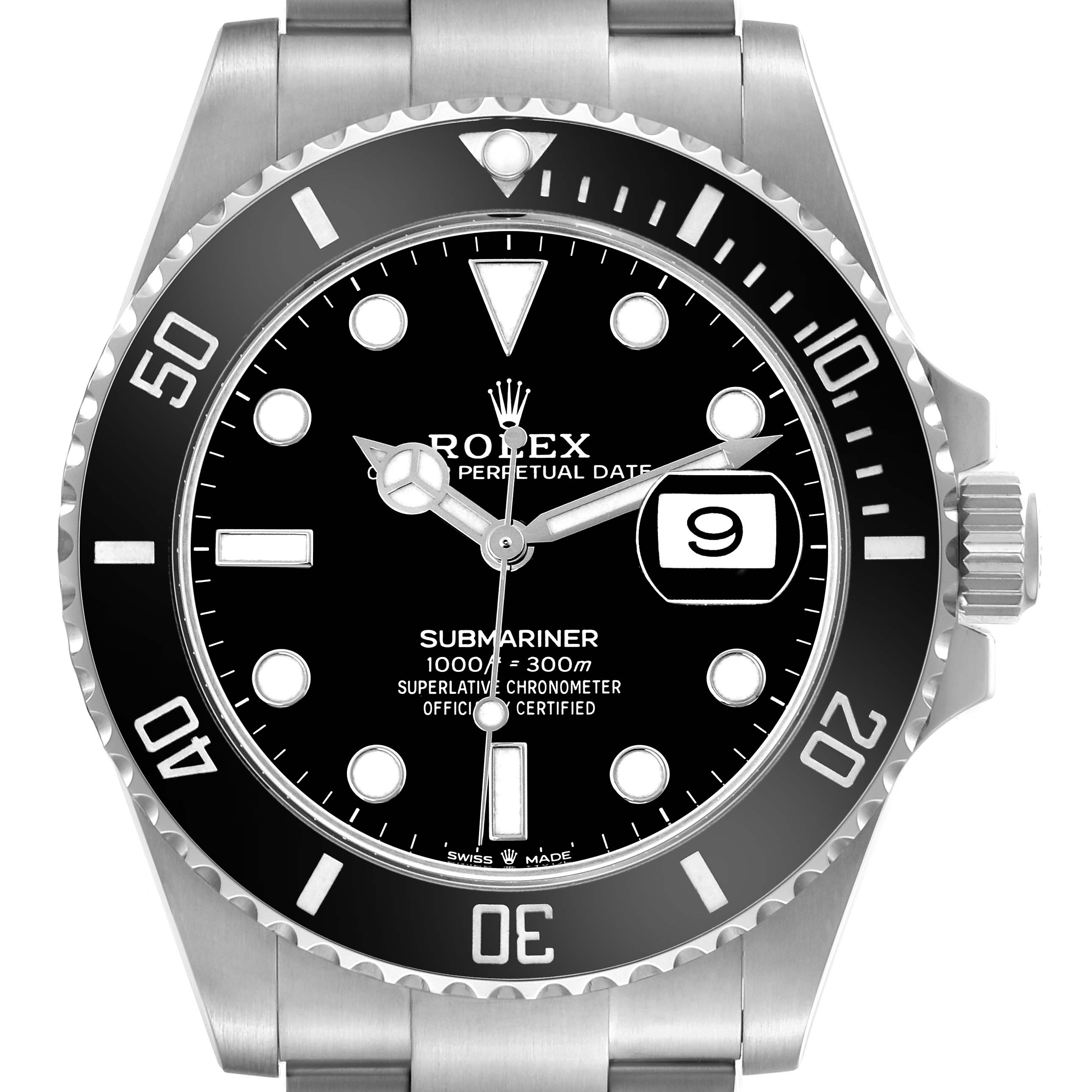 The Rolex Submariner 126610LN Men's Stainless Steel Black Dial 126610LN Men's Stainless Steel Black Dial watch is shown from the front, displaying the dial, bezel, crown, and part of the bracelet.