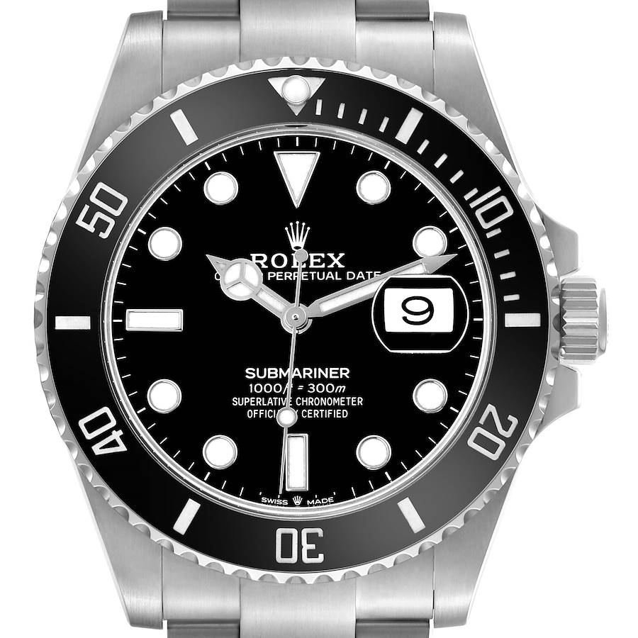 The Rolex Submariner watch is shown from the front, displaying the dial, bezel, crown, and part of the bracelet.