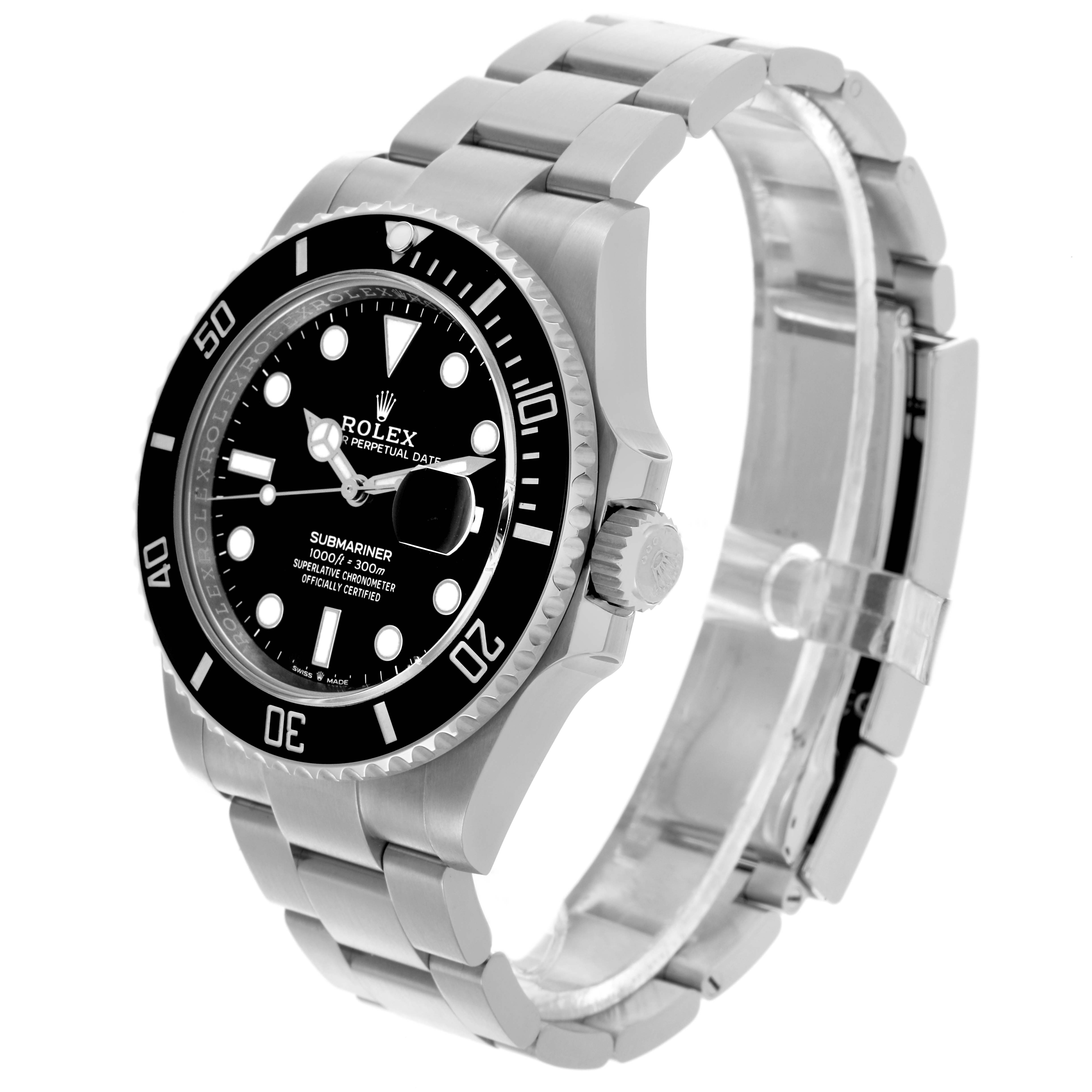 This image shows a side view of the Rolex Submariner 126610LN Men's Stainless Steel Black Dial 126610LN Men's Stainless Steel Black Dial watch, highlighting the dial, bezel, crown, and bracelet.